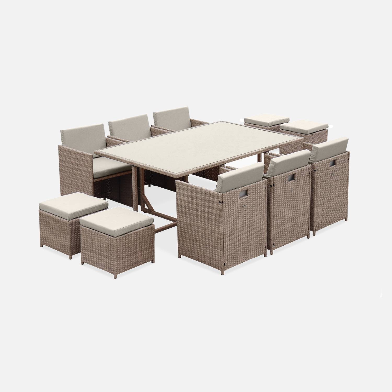 6 to 10-seater rattan cube table set with chairs, Beige