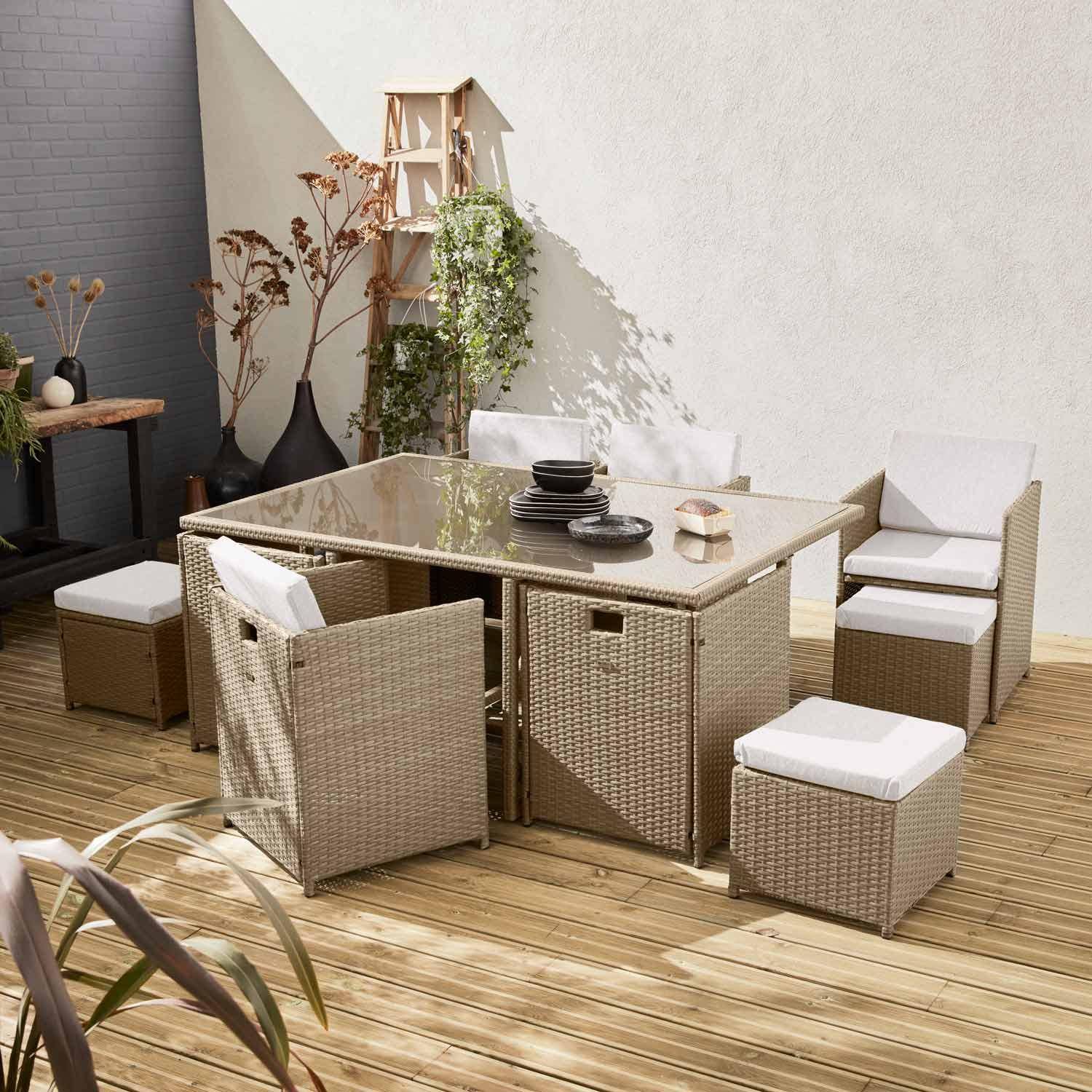 6 to 10-seater rattan cube table set - table, 6 armchairs, 2 footstools - Vabo 10 - Beige rattan, Beige cushions,sweeek,Photo1