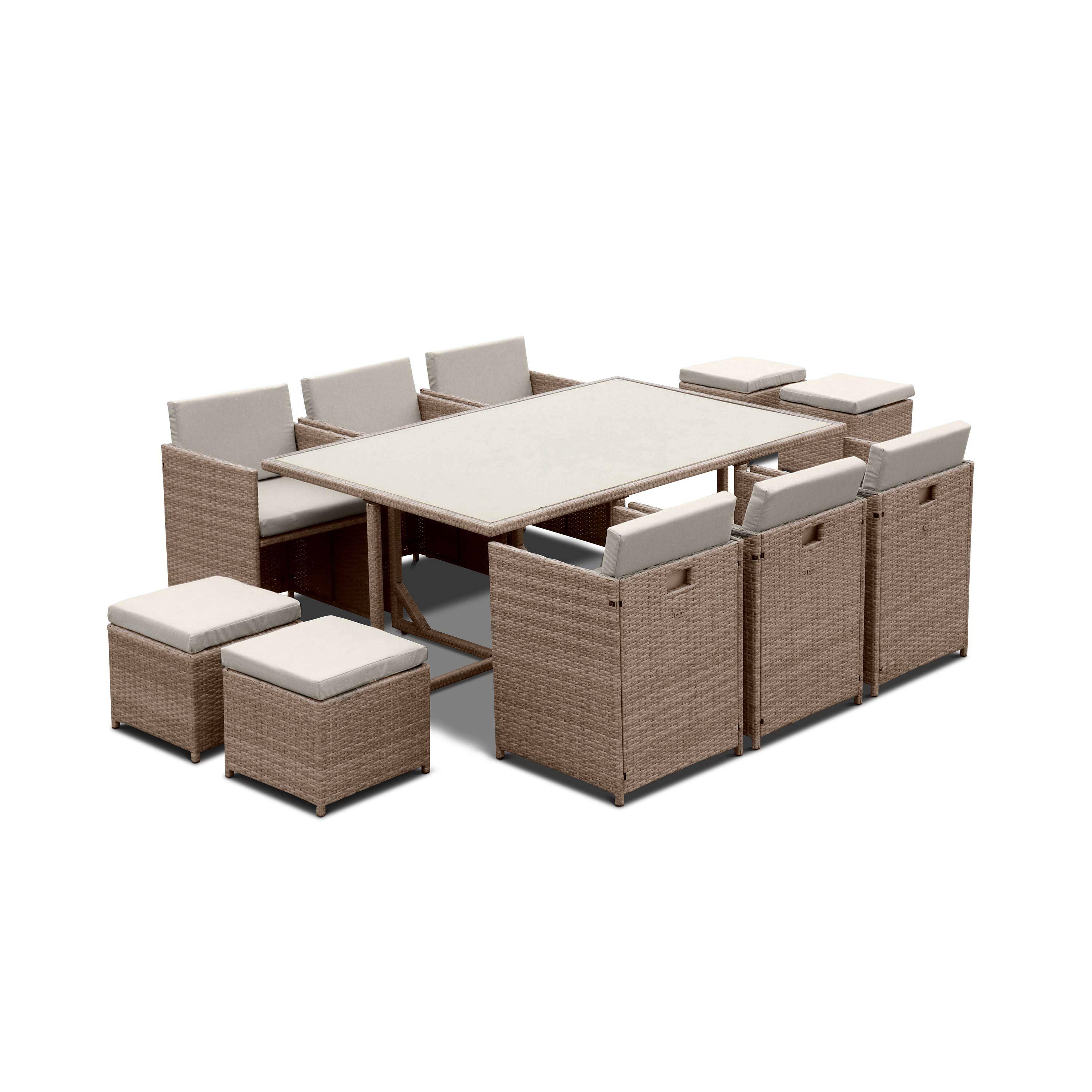 6 to 10-seater rattan cube table set - table, 6 armchairs, 2 footstools - Vabo 10 - Beige rattan, Beige cushions,sweeek,Photo2