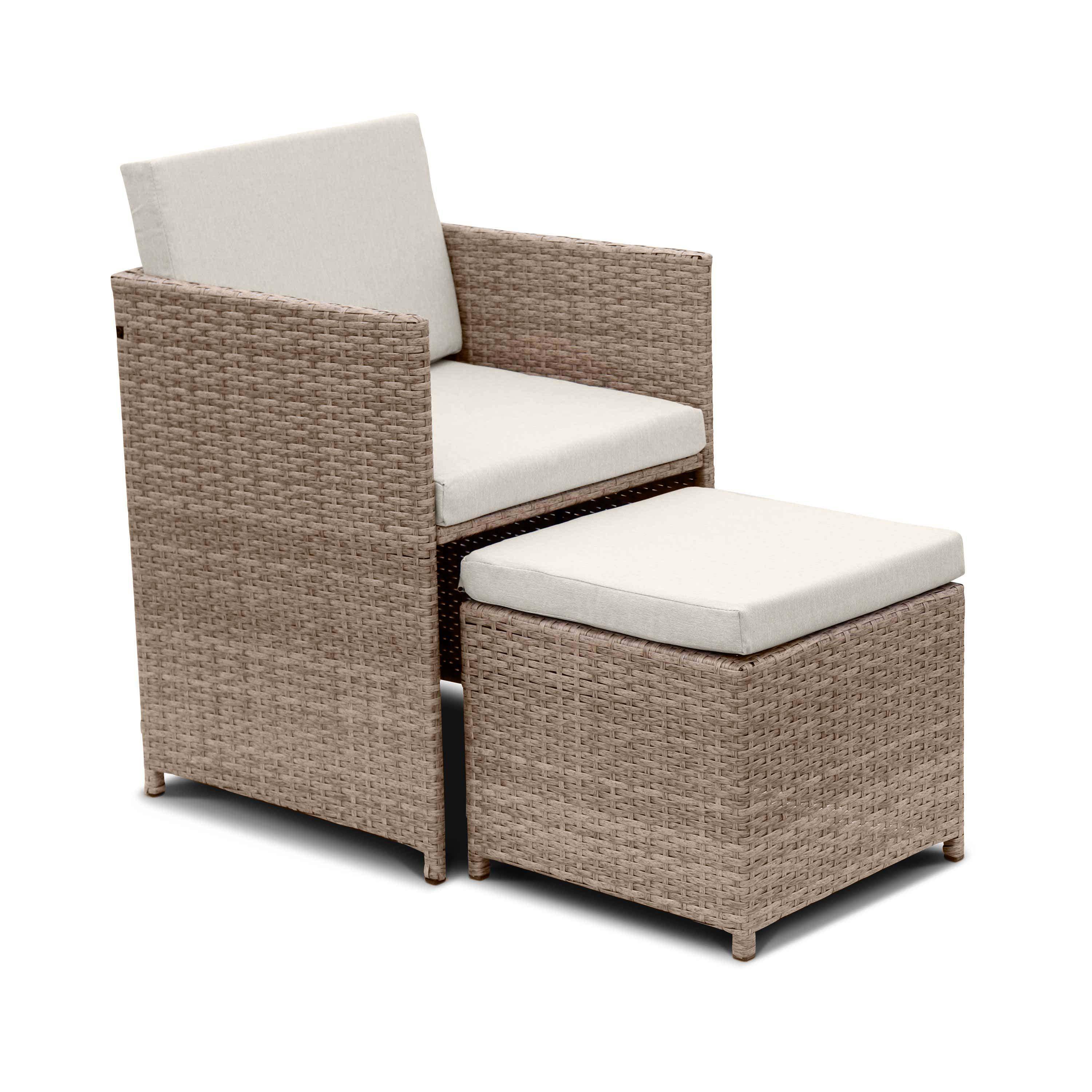 6 to 10-seater rattan cube table set - table, 6 armchairs, 2 footstools - Vabo 10 - Beige rattan, Beige cushions,sweeek,Photo5