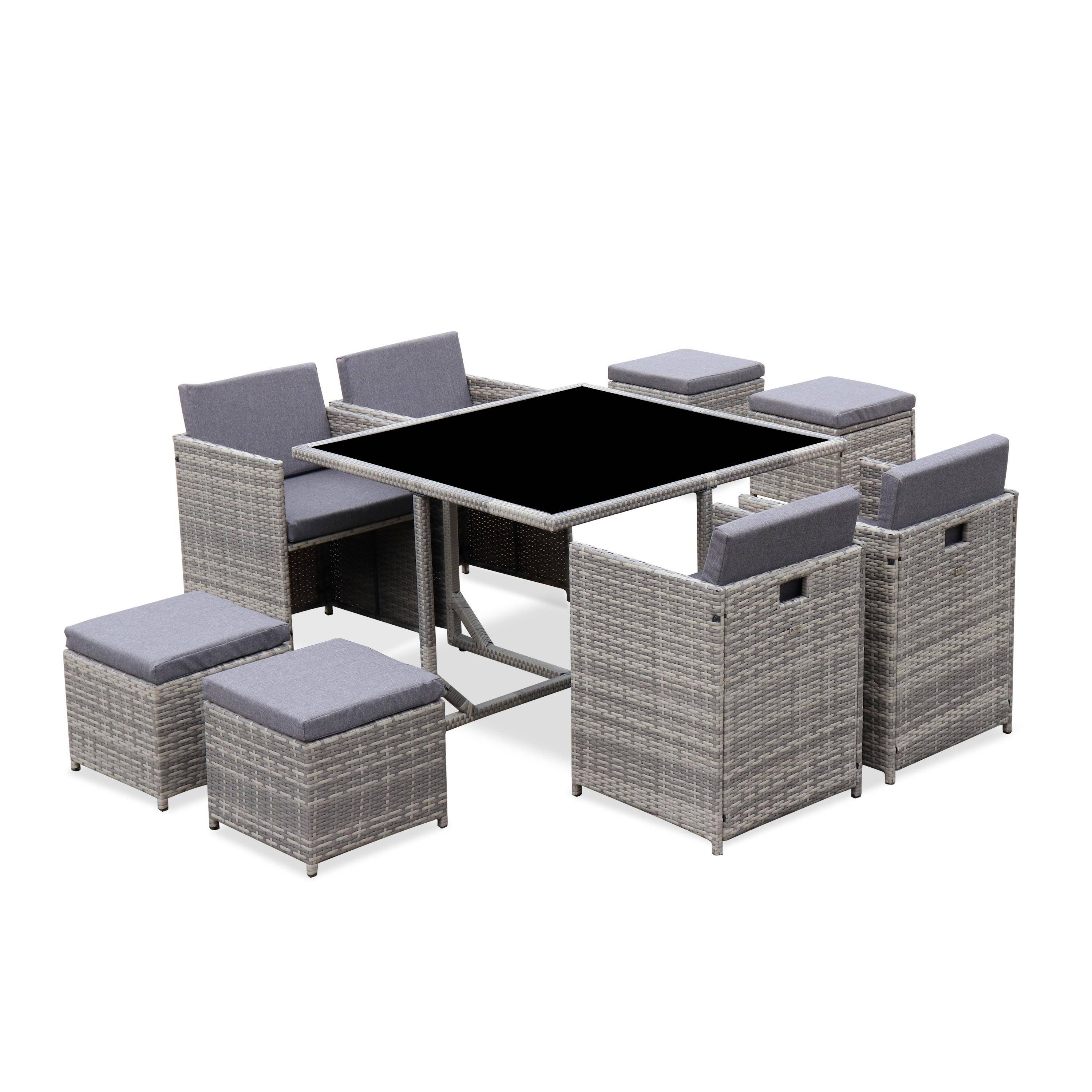 4 to 8-seater rattan cube table set with chairs, Vabo 8, Mixed Grey, 110x110x73 cm Photo2