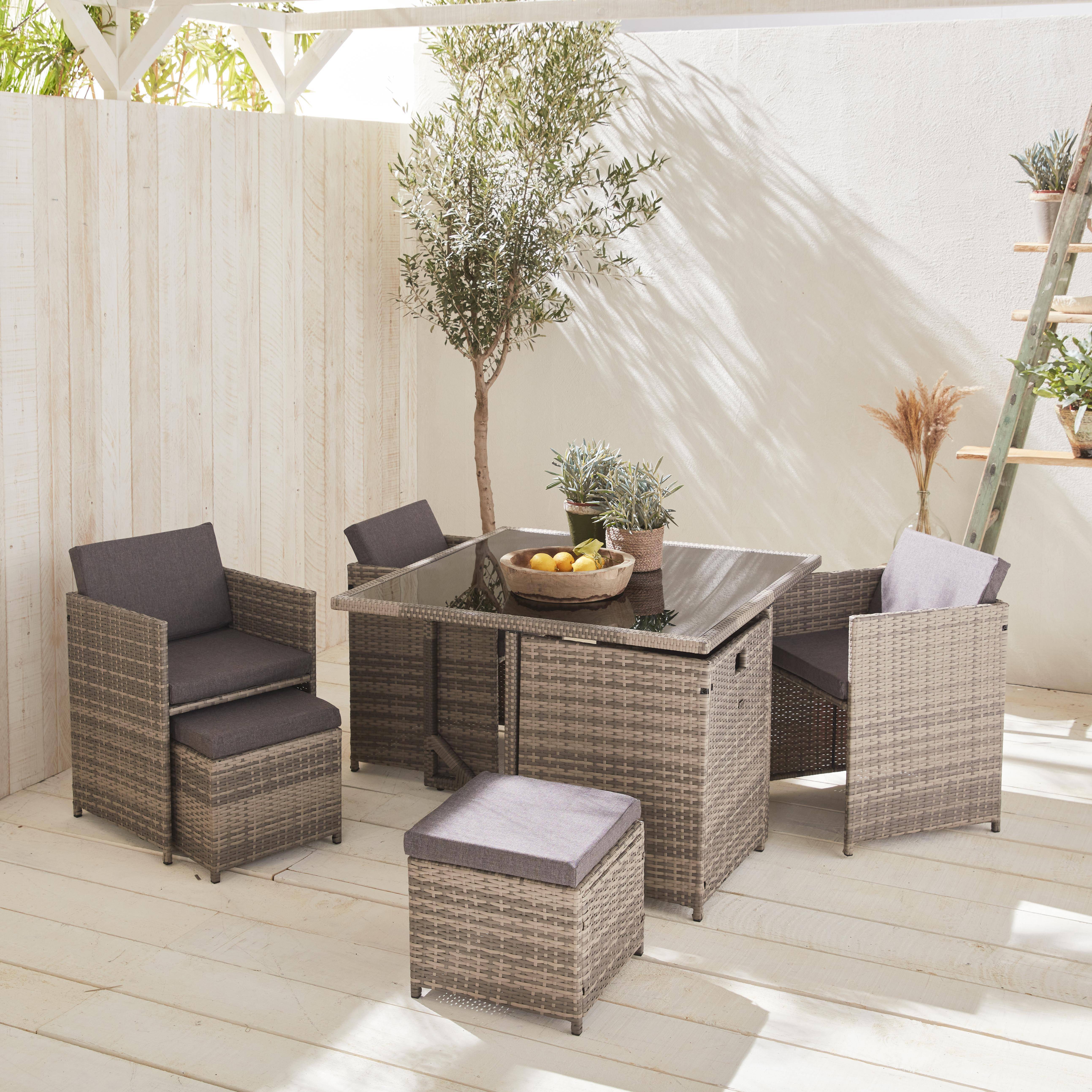 4 to 8-seater rattan cube table set with chairs, Vabo 8, Mixed Grey, 110x110x73 cm Photo1
