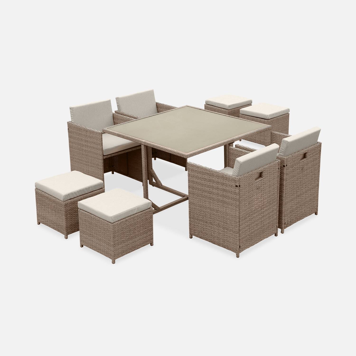 4 to 8-seater rattan cube table set with chairs, Natural