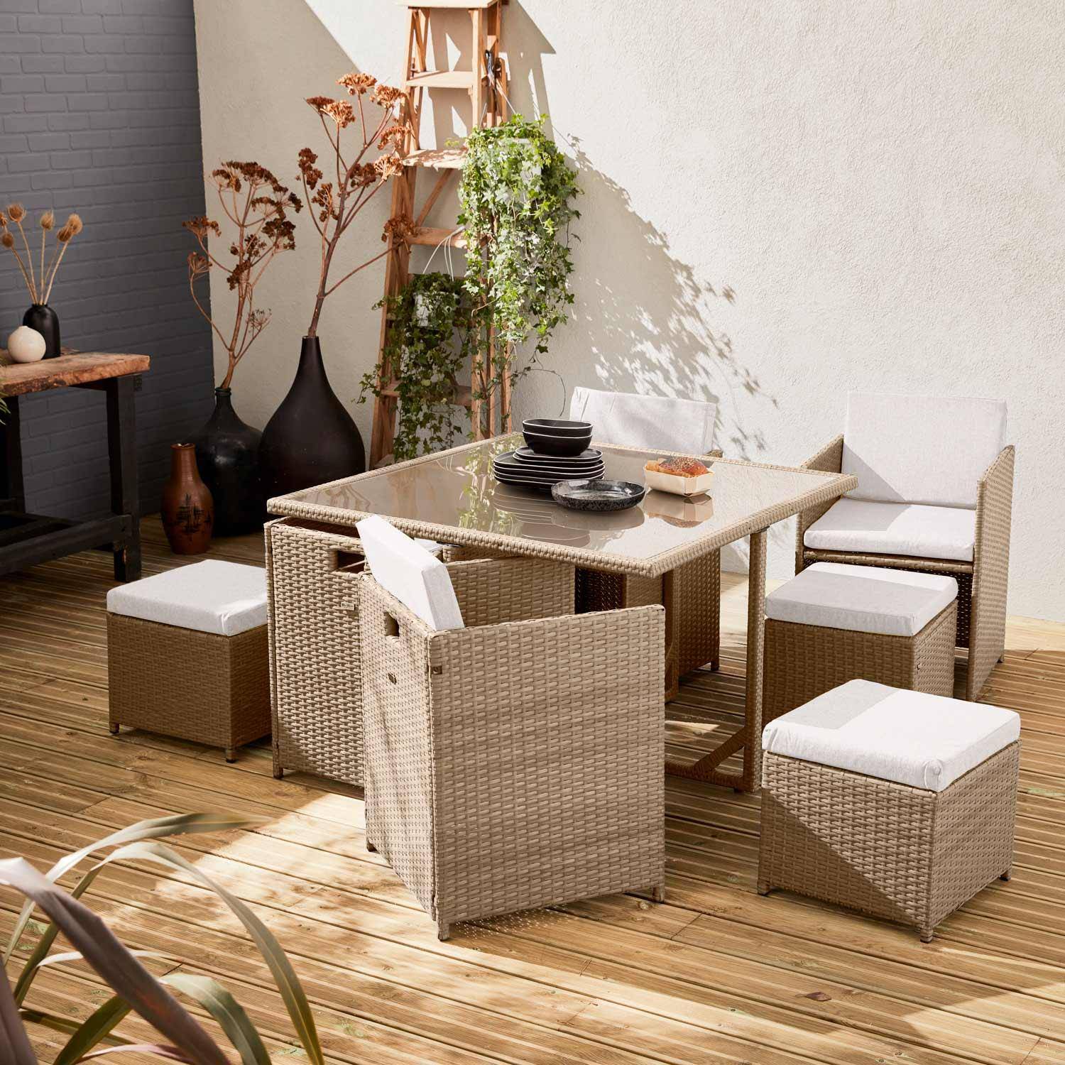 4 to 8-seater rattan cube table set - table, 4 armchairs, 4 footstools - Vabo 8 - Natural rattan, Beige cushions,sweeek,Photo1