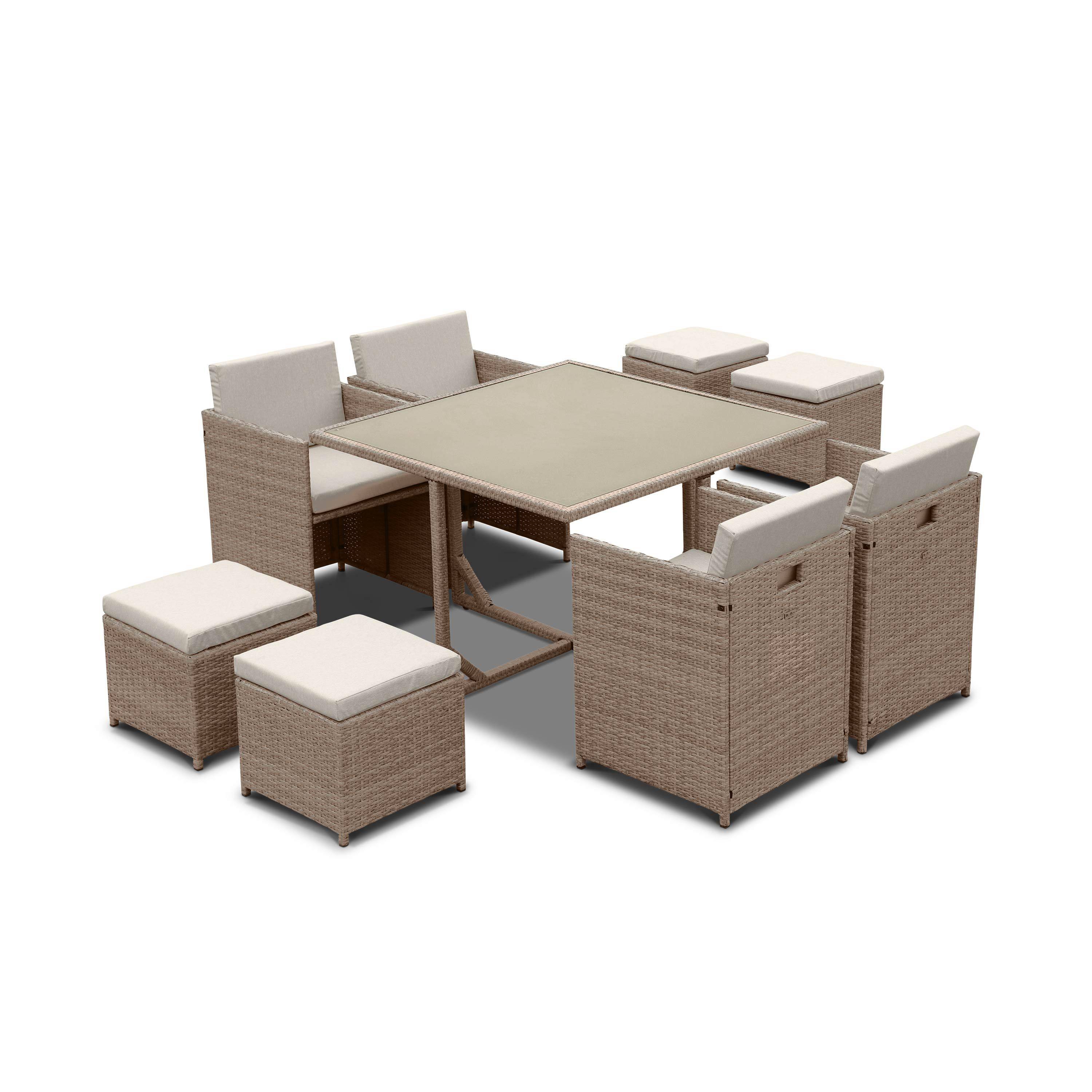 4 to 8-seater rattan cube table set - table, 4 armchairs, 4 footstools - Vabo 8 - Natural rattan, Beige cushions,sweeek,Photo2
