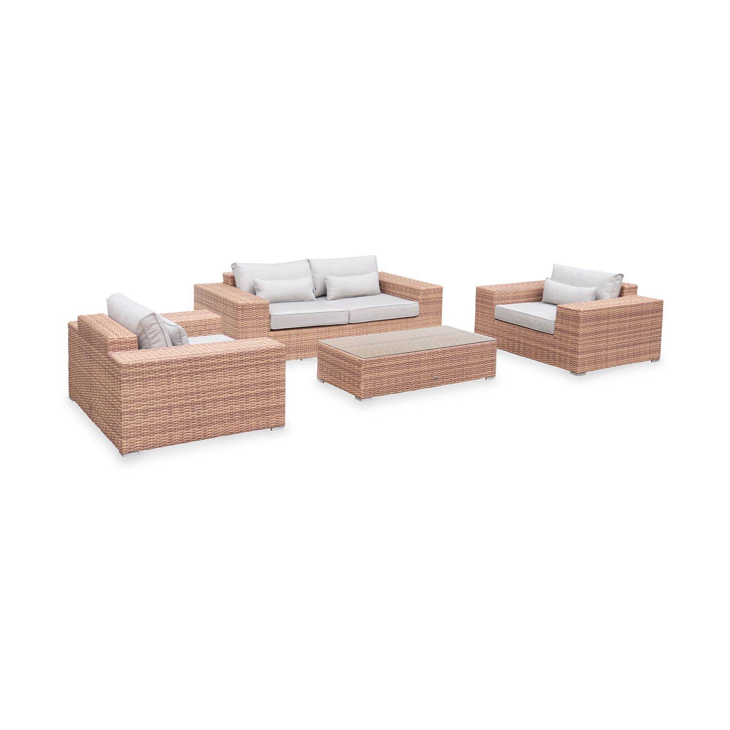 Extra-large 4-seater polyrattan garden sofa set - Sofa, 2 Armchairs, Coffee table - Gubbio - Beige,sweeek,Photo1