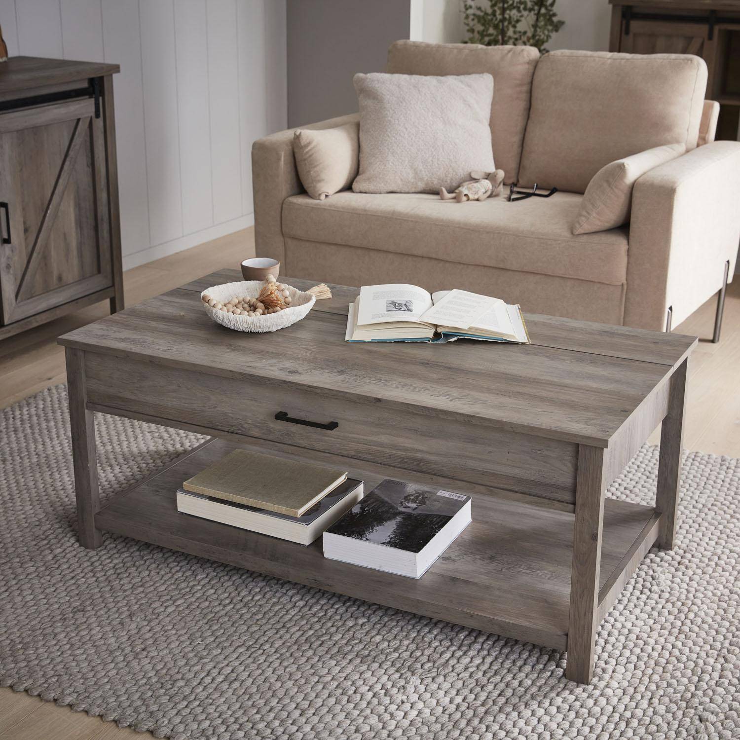 UItklapbare salontafel met vergrijsd houteffect, 110x59x46.5cm, 1opbergvak,sweeek,Photo1