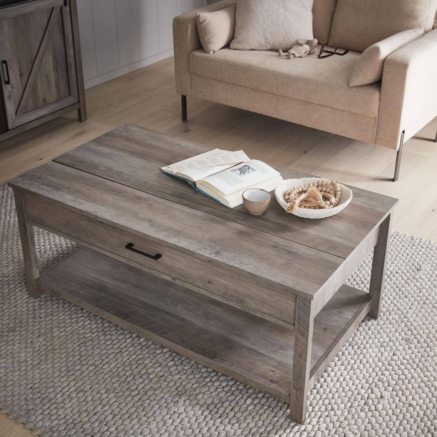 Table basse relevable en décor bois gris 110x59x46.5cm - Galant - 1 espace de rangement  Photo3