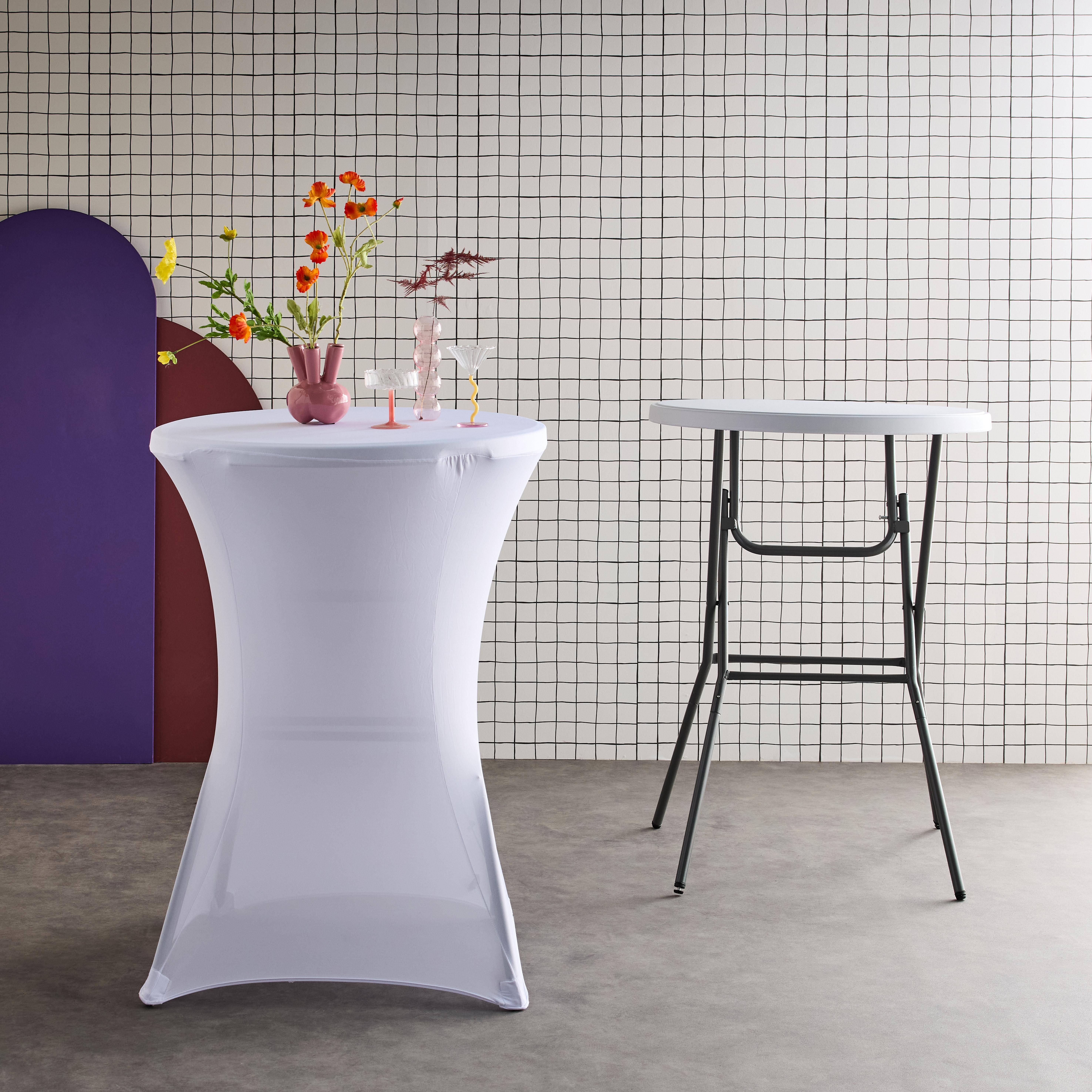 2er Set Party Stehtische - GALA - Partytisch, Klappbar, Ø80cm x 110cm + 2 Hussen aus Polyester, weiß Photo2