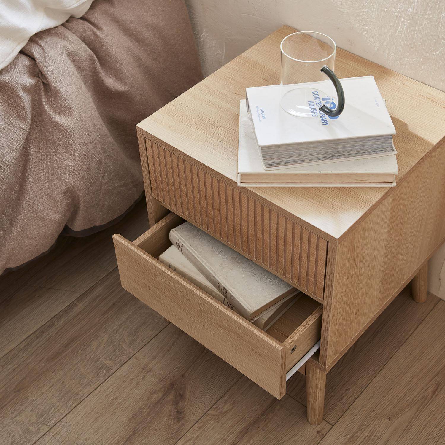 Grooved wooden bedside table with 2 drawers, 40x39x48cm, Linear - Natural Wood colour Photo2