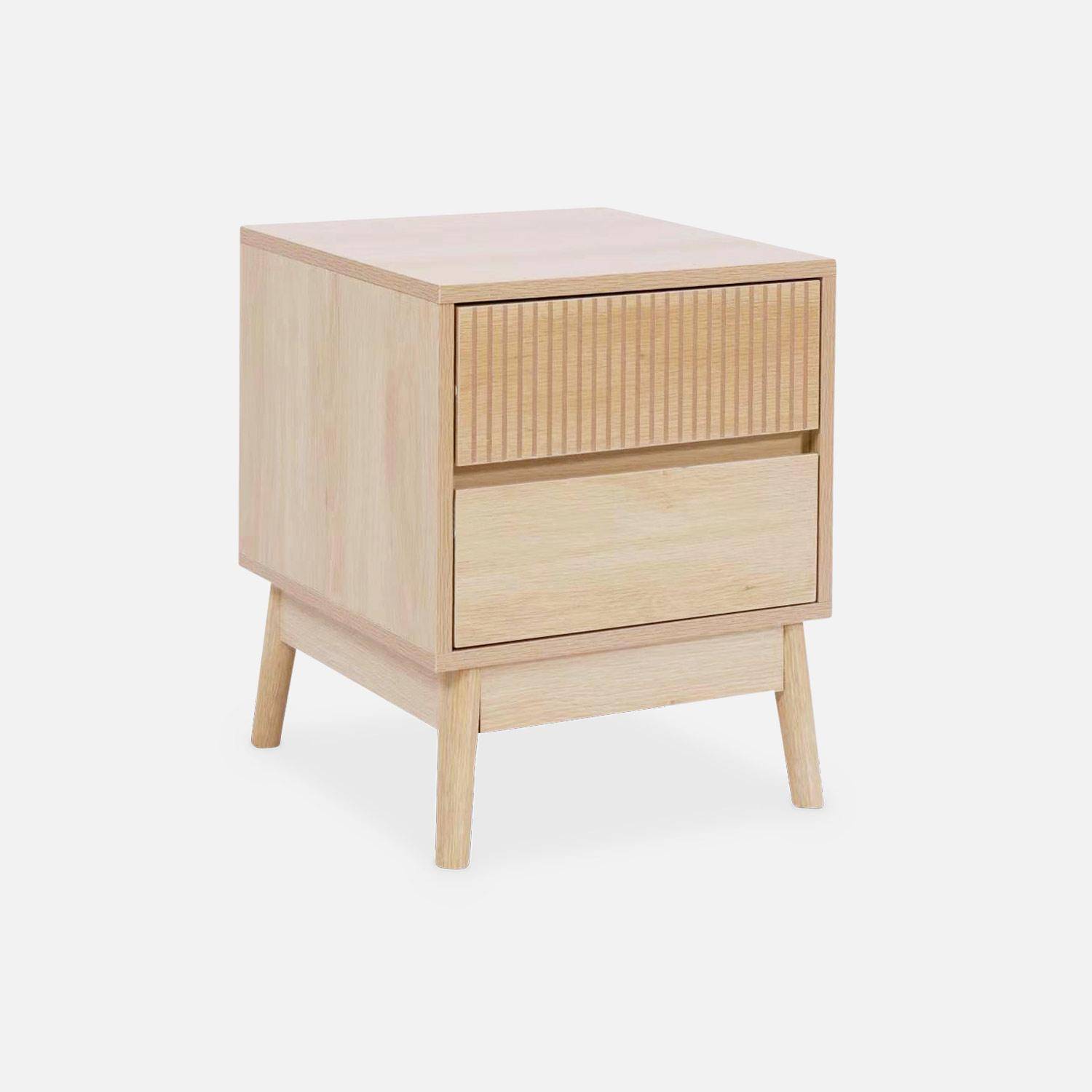 Grooved wooden bedside table with 2 drawers, 40x39x48cm, Linear - Natural Wood colour,sweeek,Photo3