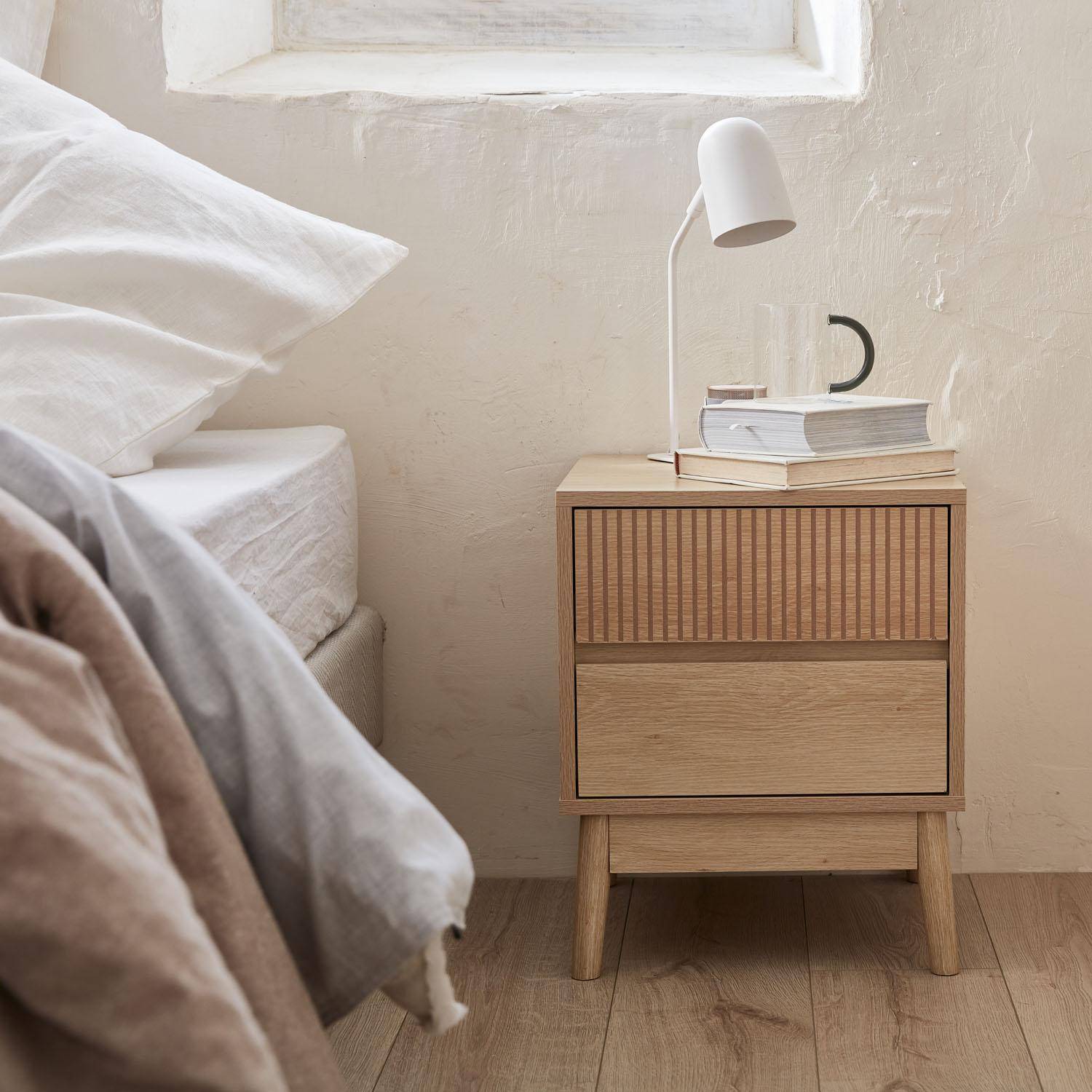 Grooved wooden bedside table with 2 drawers, 40x39x48cm, Linear - Natural Wood colour Photo1