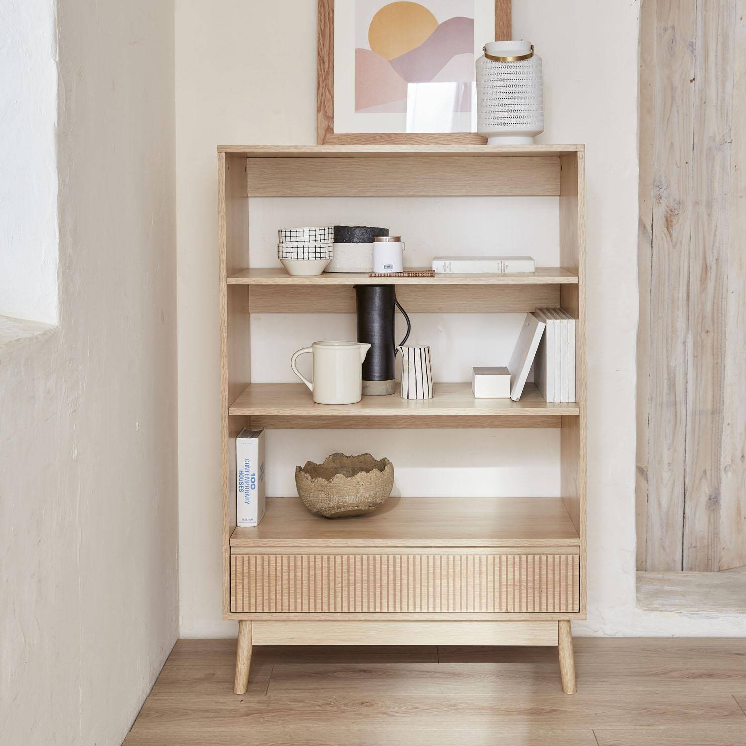 3-level bookshelf with drawer, wood decor, L80xW39.5xH120cm,sweeek,Photo1