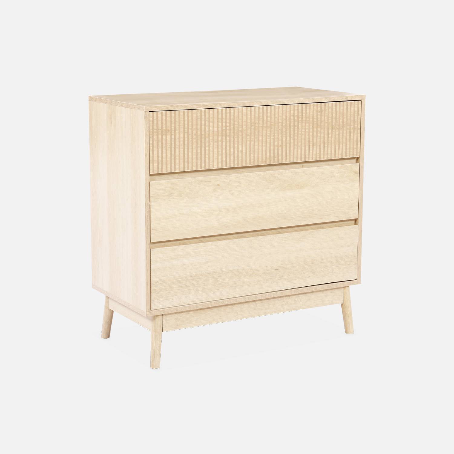 Grooved wood detail 3-drawer chest, 80x40x80cm, Natural Wood colour | sweeek