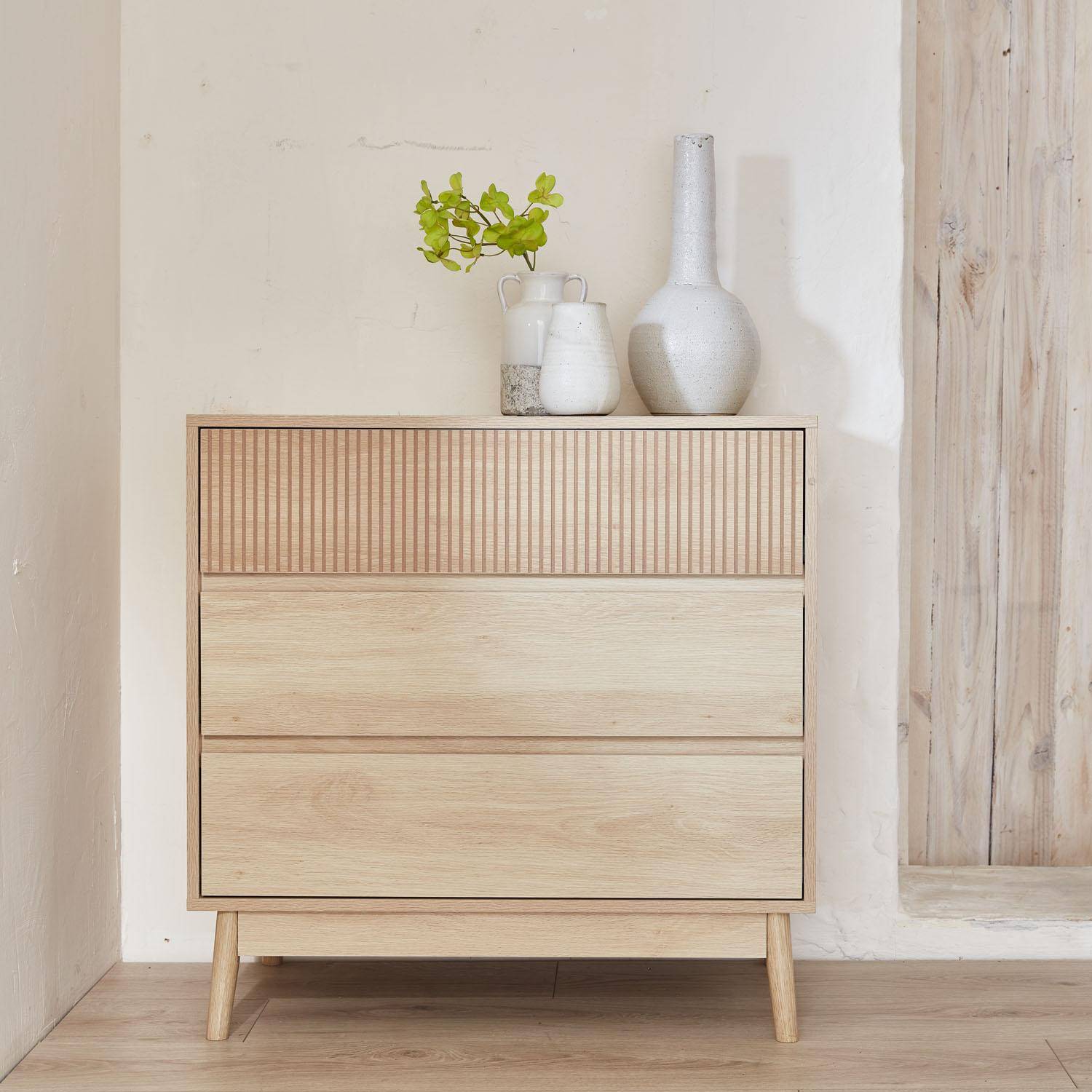 Grooved wood detail 3-drawer chest, 80x40x80cm - Linear - Natural Wood colour Photo1