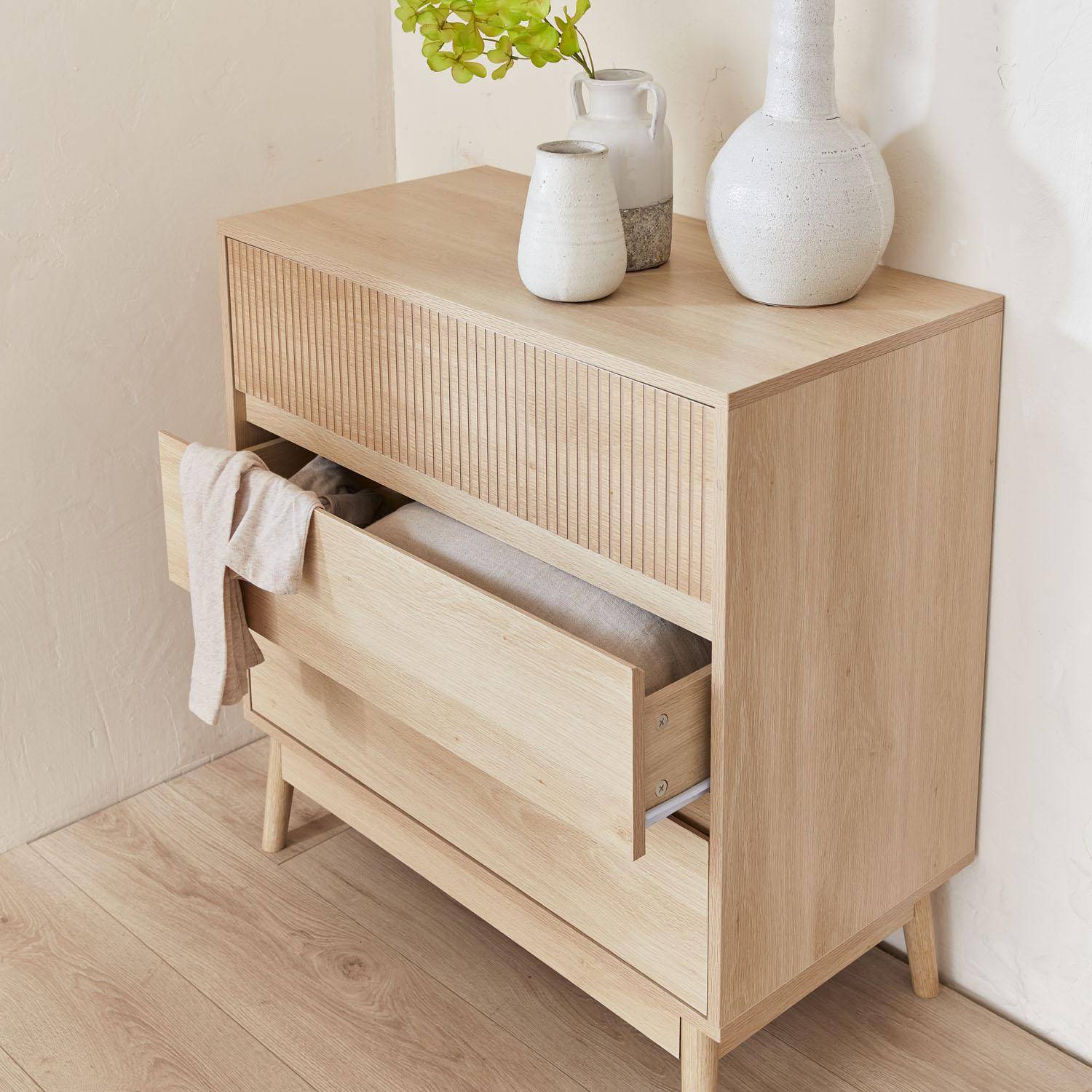 Grooved wood detail 3-drawer chest, 80x40x80cm - Linear - Natural Wood colour Photo2