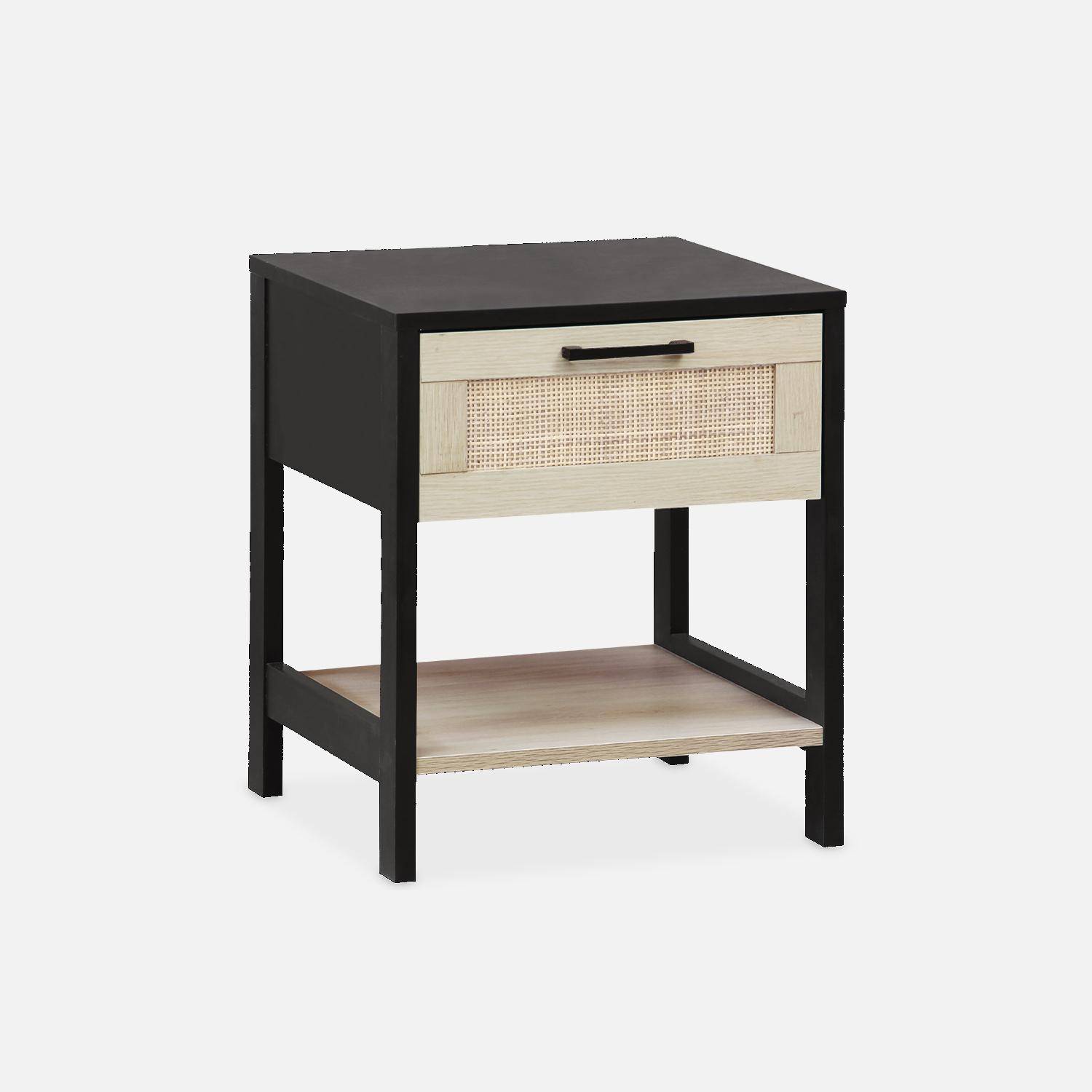 Black and cane bedside table 40 x 40 x 48cm - Bianca - 1 drawer, 1 shelf Photo2