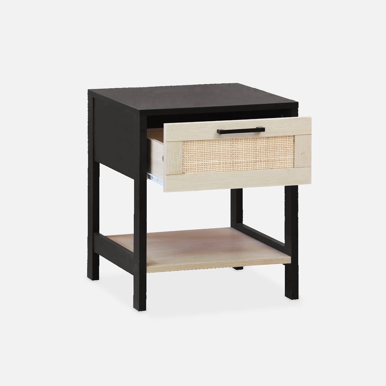 Black and cane bedside table 40 x 40 x 48cm - Bianca - 1 drawer, 1 shelf,sweeek,Photo4