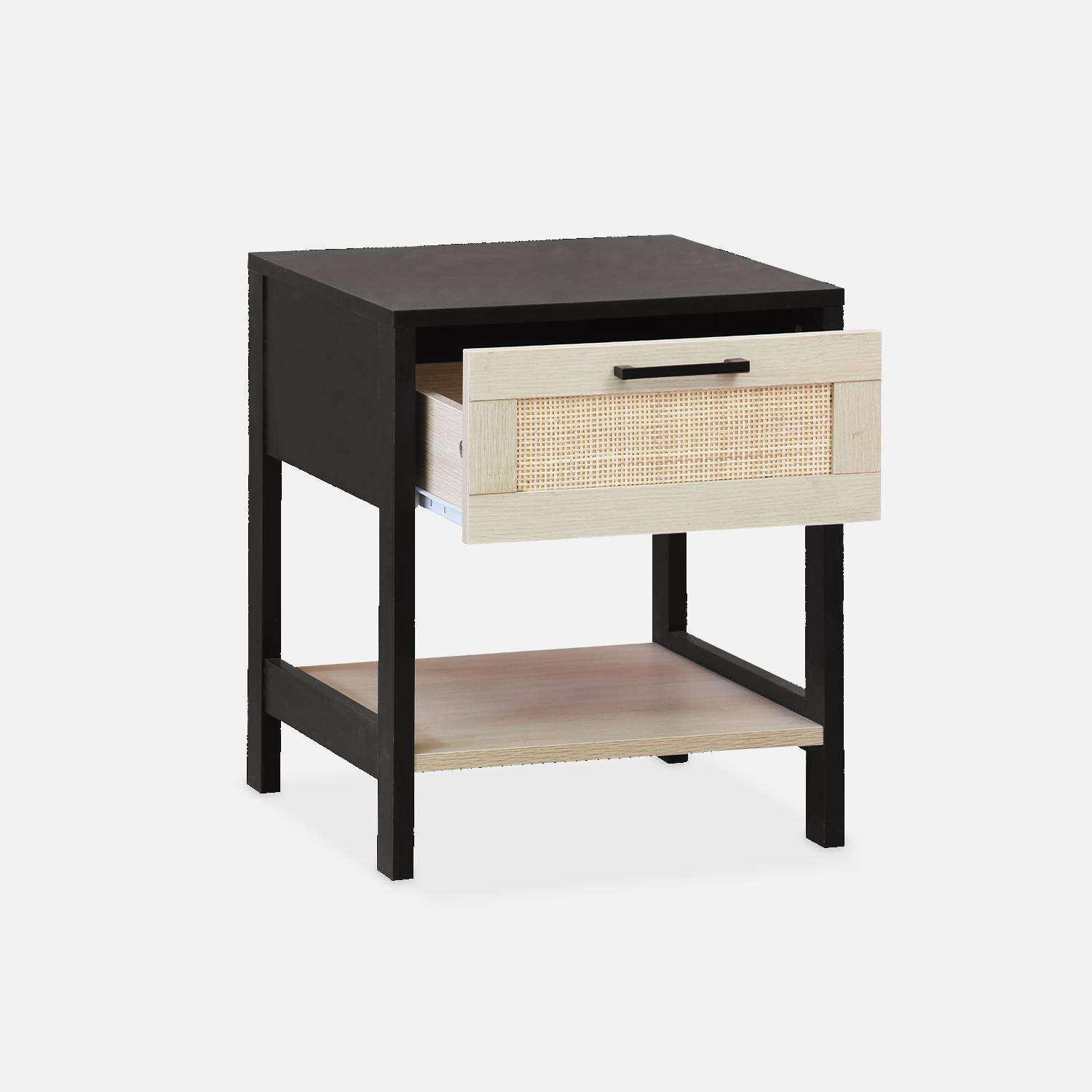 Table de chevet noir et cannage 40 x 40 x 48cm - Bianca - 1 tiroir, 1 étagère Photo5
