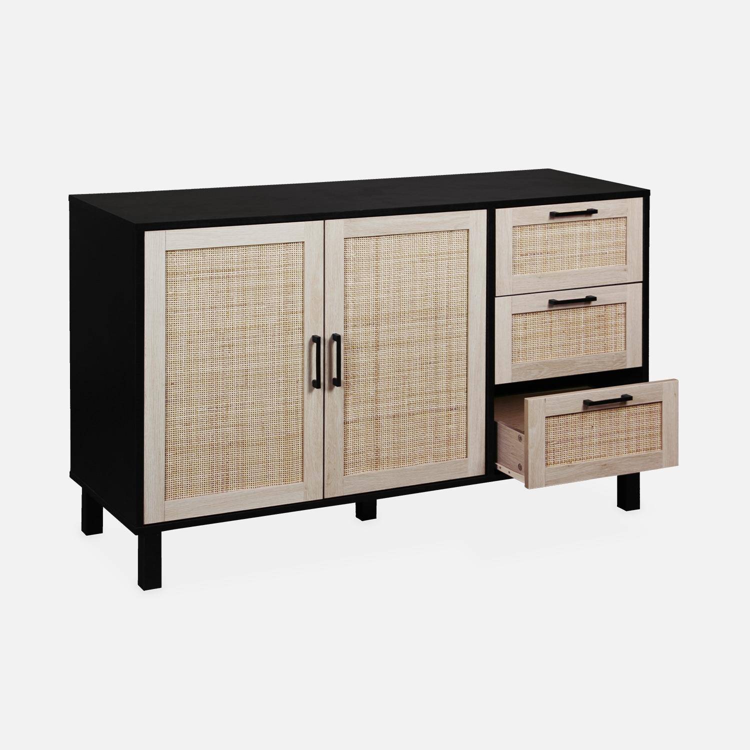 Black and cane sideboard 120 x 40 x 75cm - Bianca - 3 drawers, 2 doors, 2 levels, 1 shelf,sweeek,Photo5