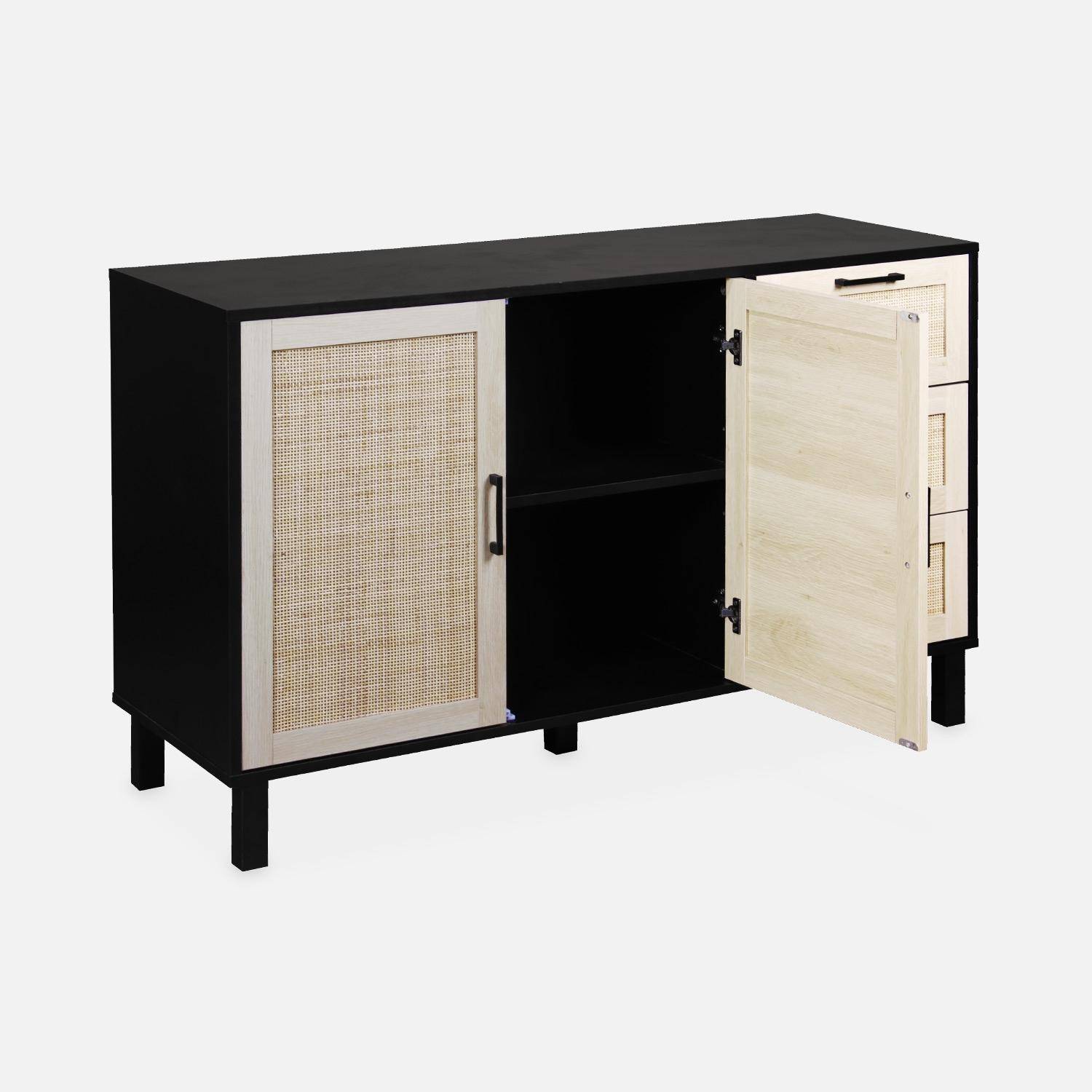 Black and cane sideboard 120 x 40 x 75cm - Bianca - 3 drawers, 2 doors, 2 levels, 1 shelf Photo6