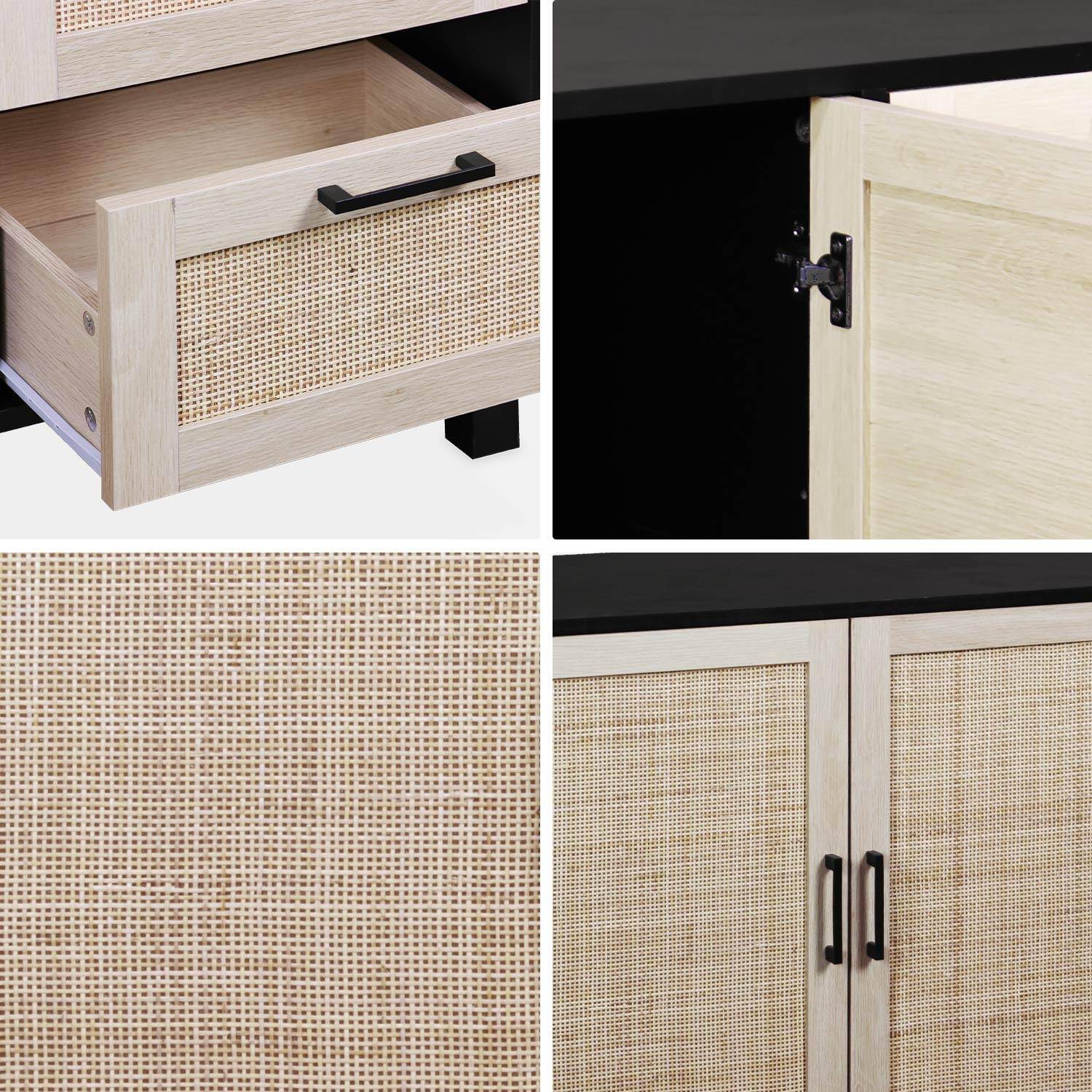 Black and cane sideboard 120 x 40 x 75cm - Bianca - 3 drawers, 2 doors, 2 levels, 1 shelf Photo7