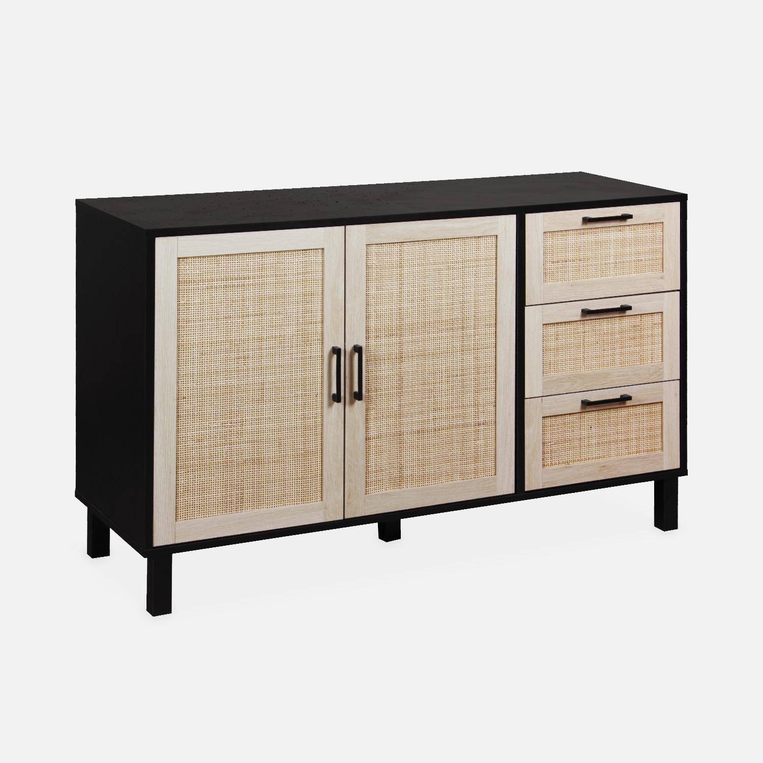 Black and cane sideboard 120 x 40 x 75cm - Bianca - 3 drawers, 2 doors, 2 levels, 1 shelf,sweeek,Photo3