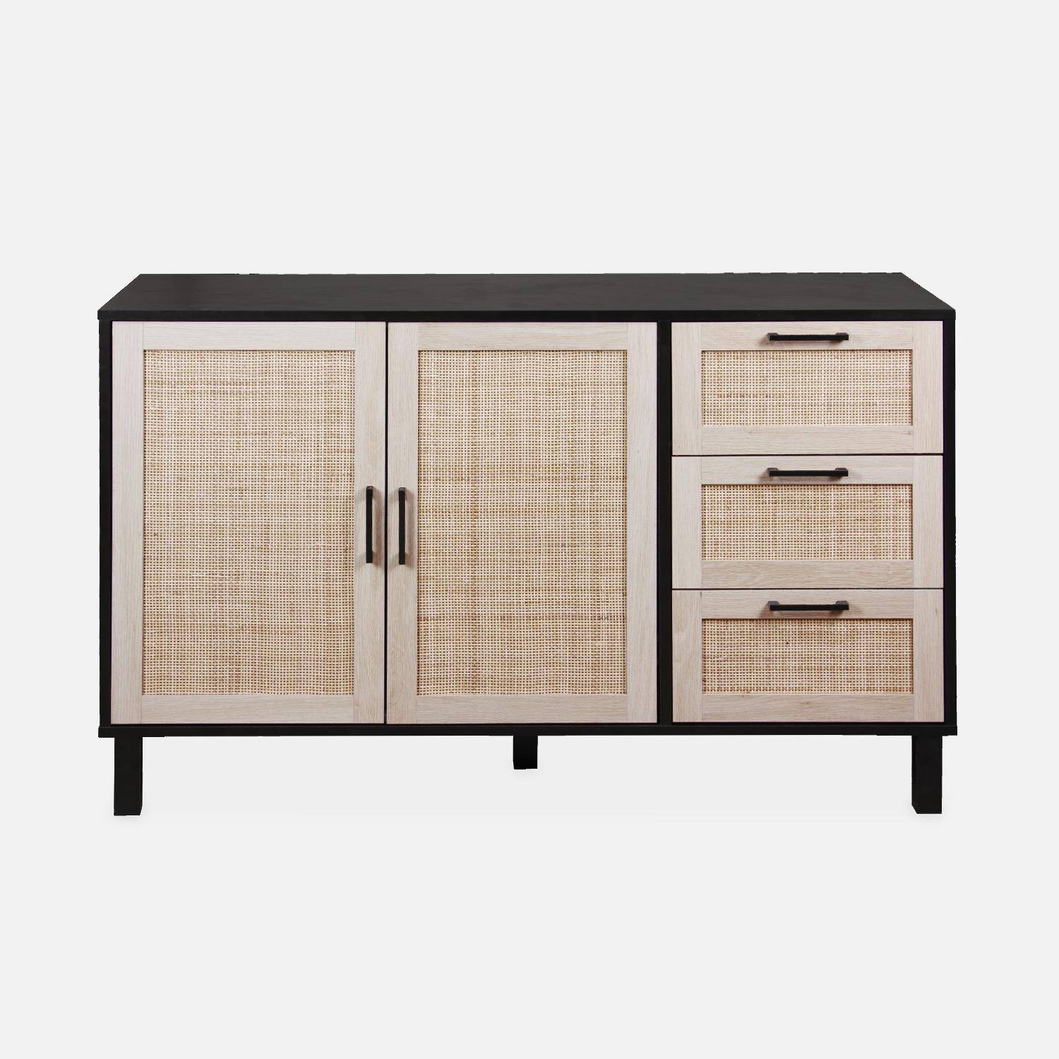 Black and cane sideboard 120 x 40 x 75cm - Bianca - 3 drawers, 2 doors, 2 levels, 1 shelf,sweeek,Photo4