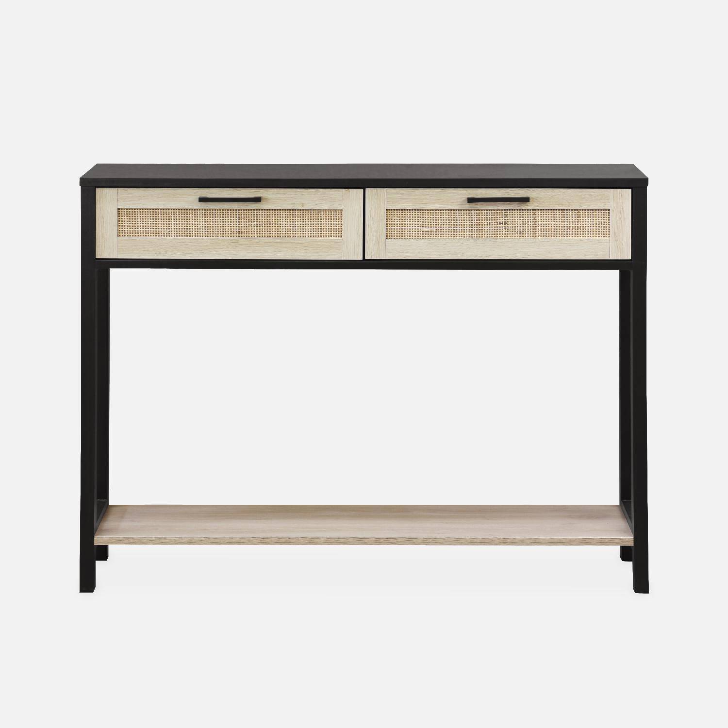 Console décor bois noir et cannage 100 x 30 x 75cm - Bianca - 2 tiroirs - 1 étagère  ,sweeek,Photo4
