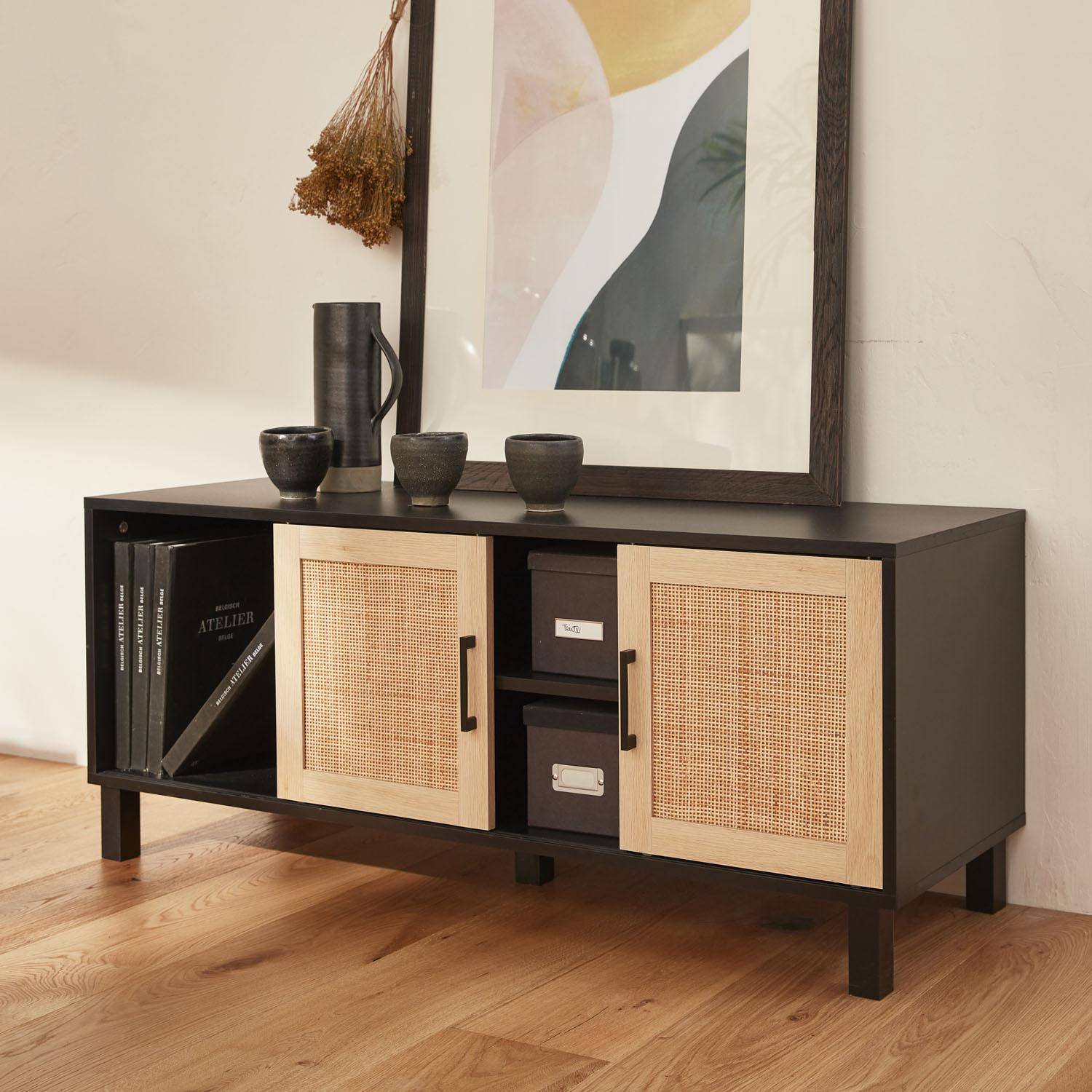 TV-Möbel, schwarz und Rohrgeflecht 115 x 40 x 48 cm - Bianca - 2 Ebenen - Schiebetüren,sweeek,Photo2