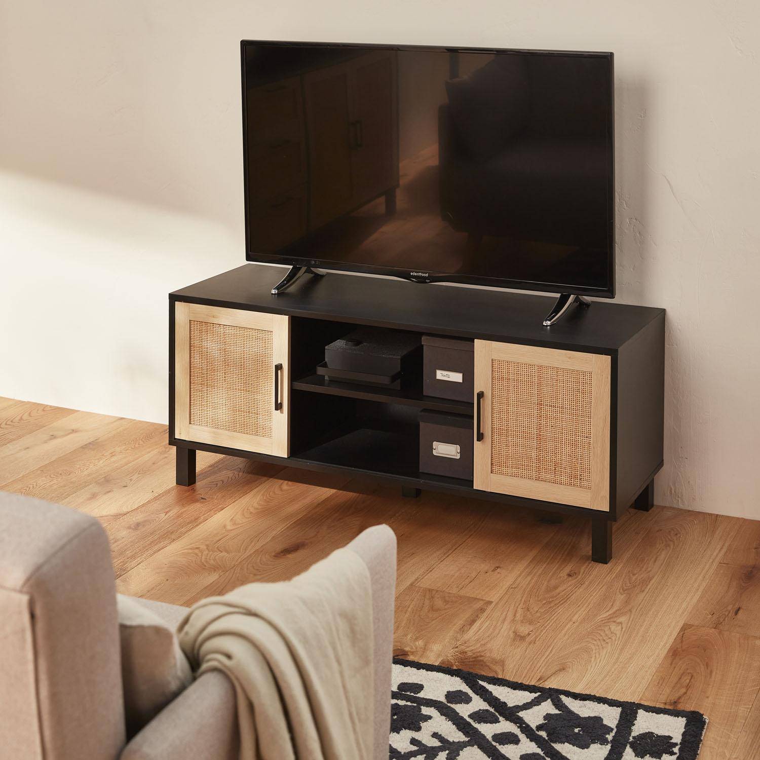 TV-Möbel, schwarz und Rohrgeflecht 115 x 40 x 48 cm - Bianca - 2 Ebenen - Schiebetüren,sweeek,Photo1