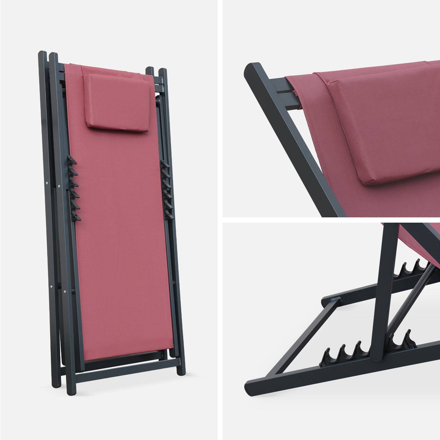 Lot de 2 bains de soleil - Gaia Bordeaux - en aluminium gris anthracite et textilene Bordeaux avec coussin repose tête, chilienne Photo9