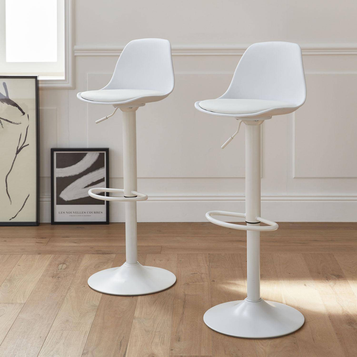 Pair of faux leather, rounded backrest, adjustable bar stools, seat height 61.5 - 83.5cm - Noah - White,sweeek,Photo1