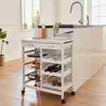 Küchenwagen Weiß, Anrichte mit Rädern - Charlotte - 2 Schubladen, 3 Körbe, 2 Flaschenregale, 1 Ablagefach Photo1