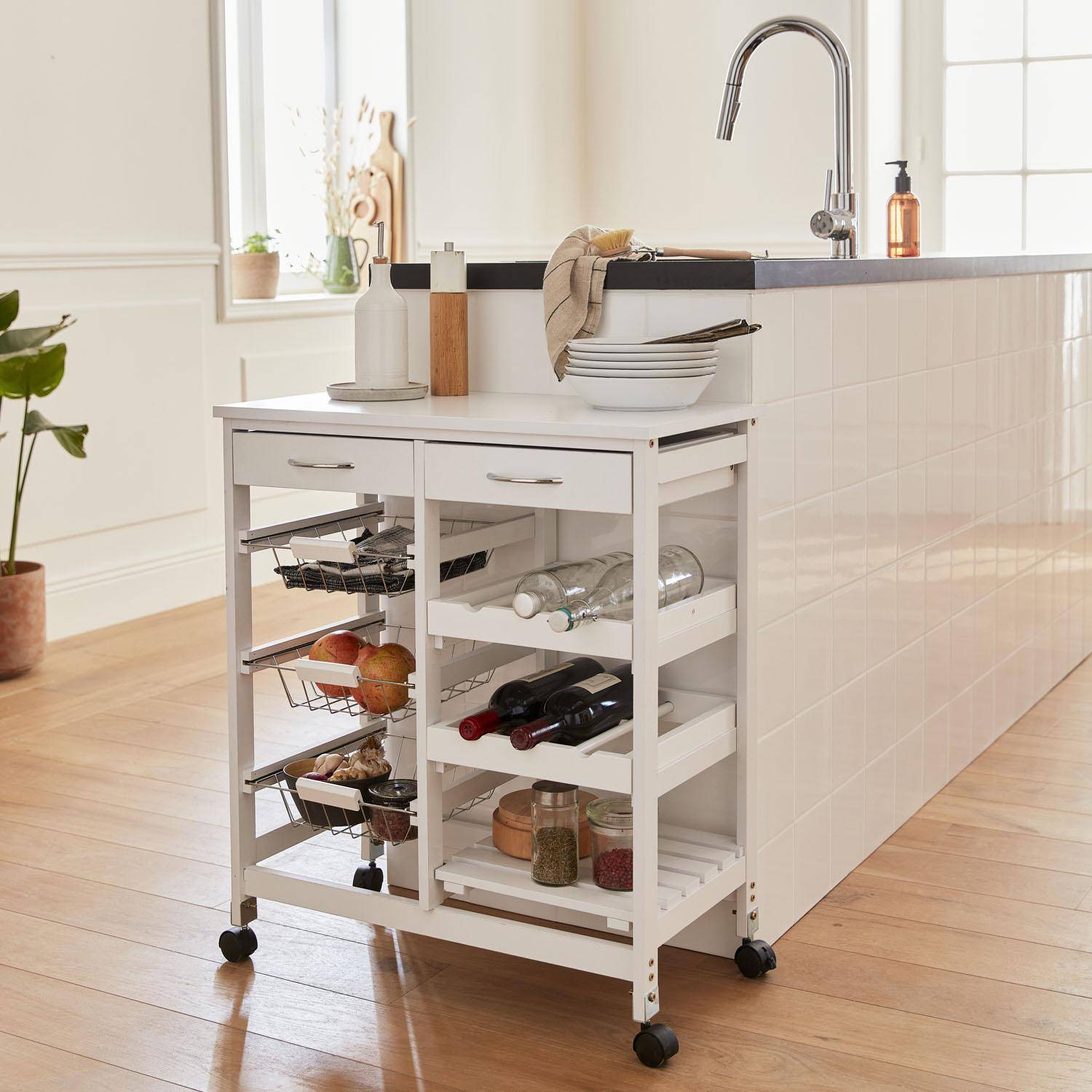 Wood-Effect Kitchen Cart with Wheels - 65x35 cm, white Photo1
