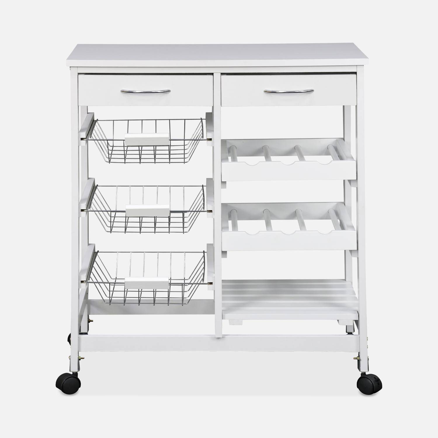 Küchenwagen Weiß, Anrichte mit Rädern - Charlotte - 2 Schubladen, 3 Körbe, 2 Flaschenregale, 1 Ablagefach Photo4