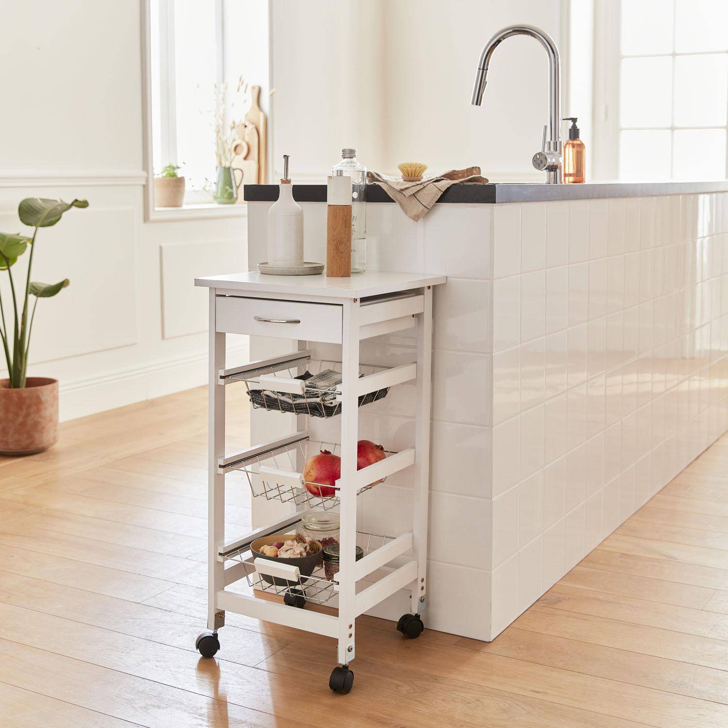 Wood-Effect Kitchen Cart with Wheels - 37x37cm, white Photo1