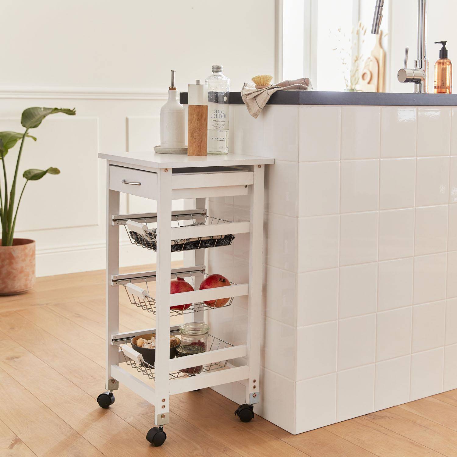 Wood-Effect Kitchen Cart with Wheels - 37x37cm, white Photo2