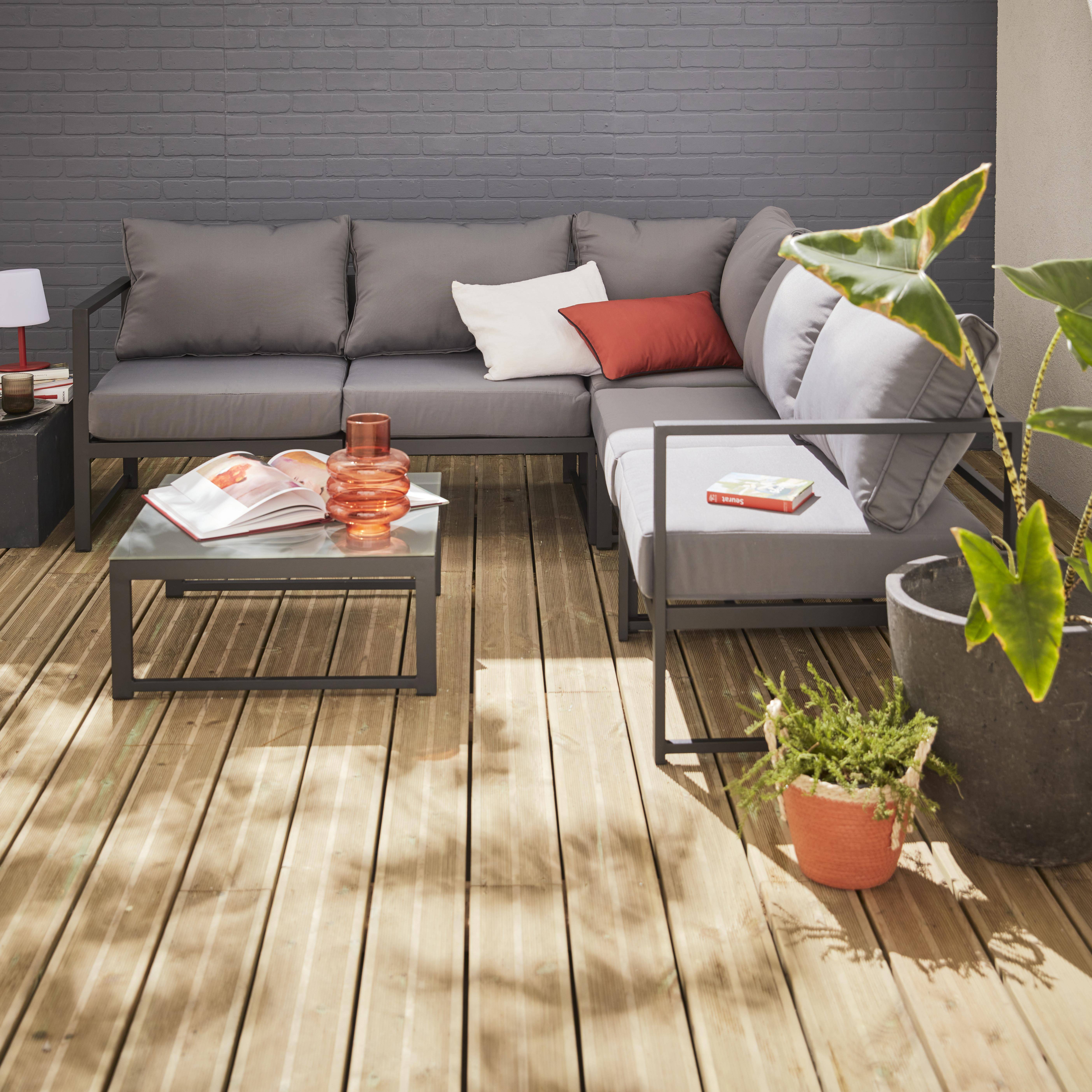 Salon de jardin d'angle 5 places - Stratum Anthracite et Gris - 6 éléments en aluminium, coussins épais, design et modulable Photo1