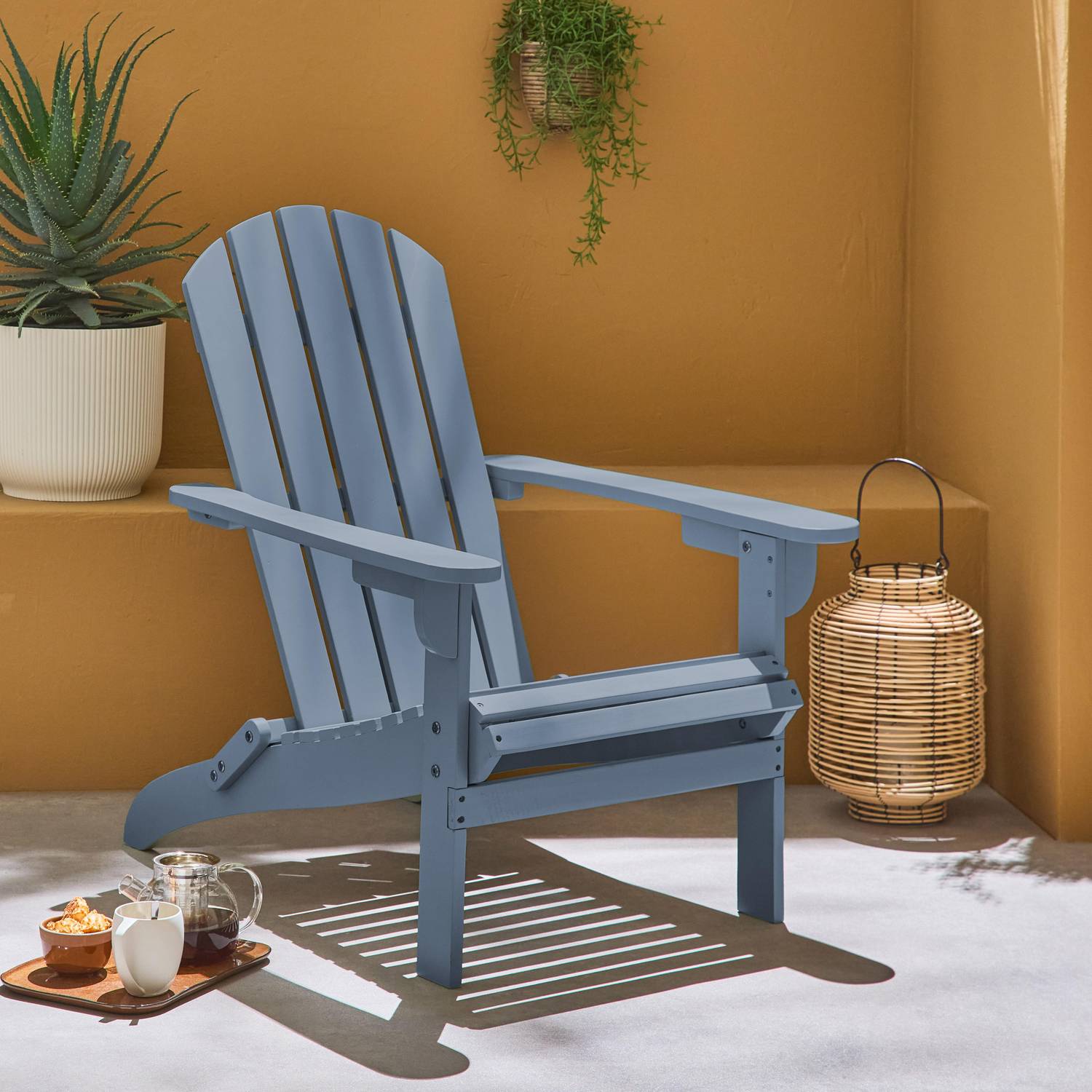 Fauteuil de jardin en bois peint - Adirondack Salamanca Bleu grisé - Eucalyptus FSC, chaise de terrasse rétro, siège de plage pliable Photo2