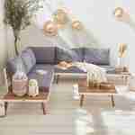 Salotto da giardino in legno 5 posti - Buenos Aires - Struttura bianca, Cuscini grigi, divano ad angolo, ripiani laterali e tavolo basso in acacia, struttura alluminio, stile scandinavo Photo1