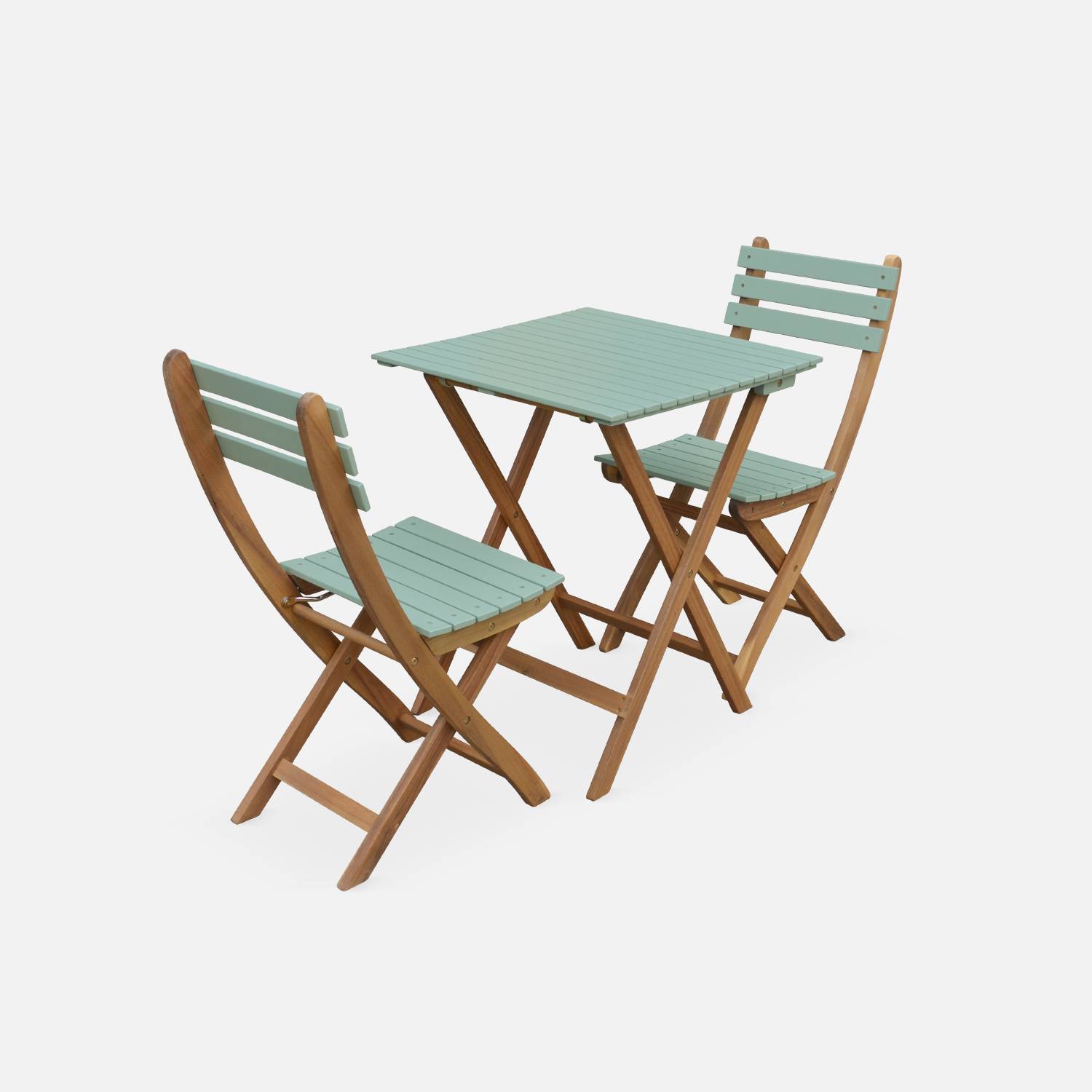 Table de jardin bistrot 60x60cm - Barcelona Bois / Vert de gris - pliante bicolore carrée en acacia avec 2 chaises pliables | sweeek