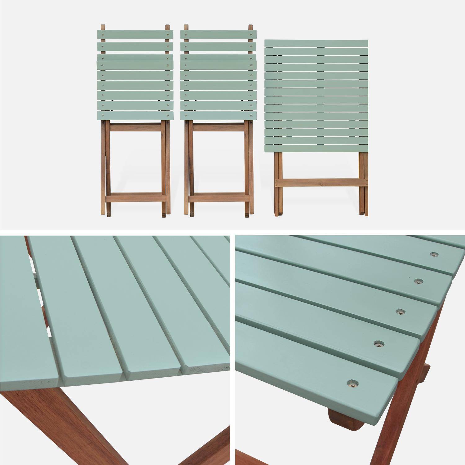 Conjunto de jardim de madeira Bistro 60x60cm - Barcelona - verde cinza, mesa dobrável bicolor quadrada com 2 cadeiras dobráveis, acácia Photo7