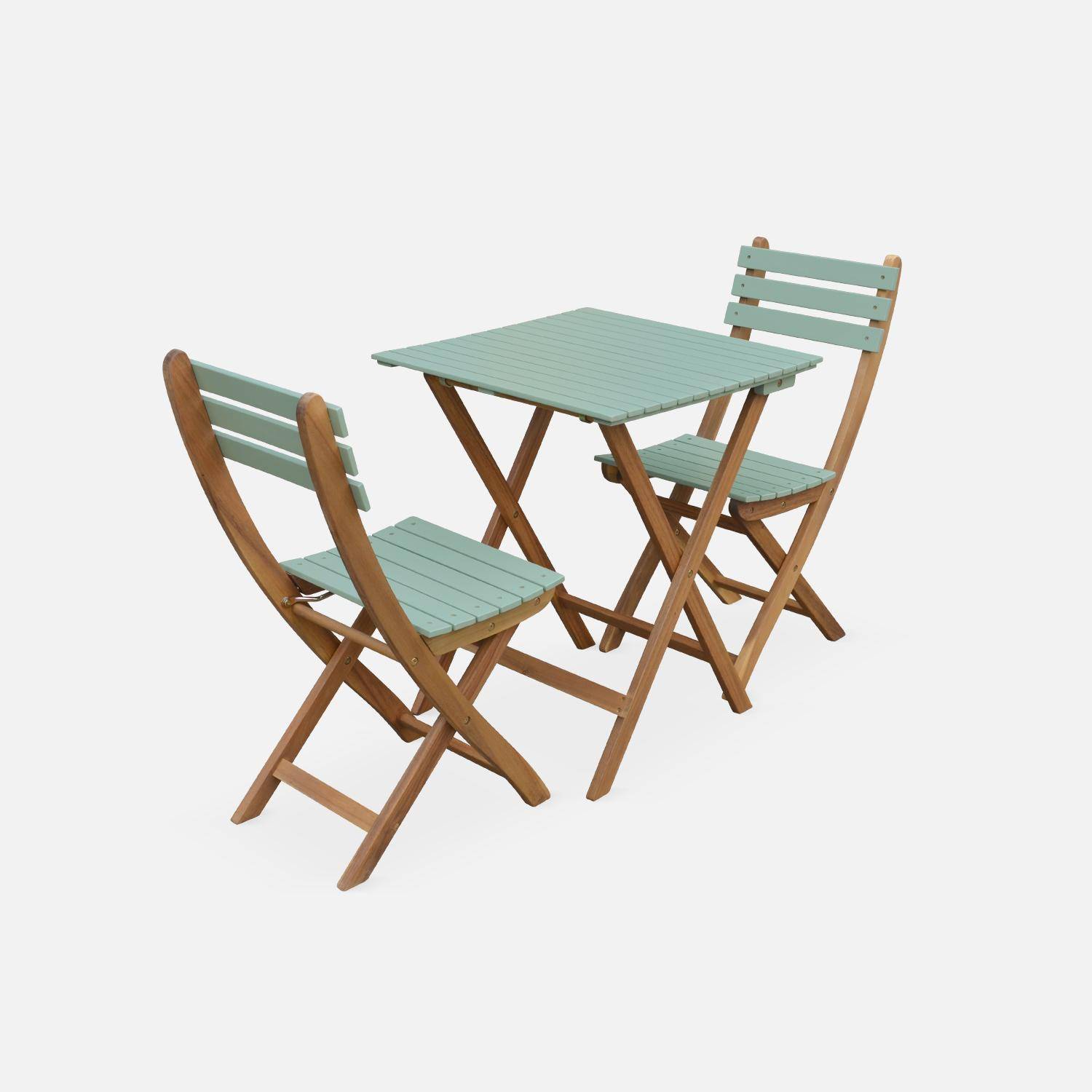Conjunto de jardim de madeira Bistro 60x60cm - Barcelona - verde cinza, mesa dobrável bicolor quadrada com 2 cadeiras dobráveis, acácia Photo4