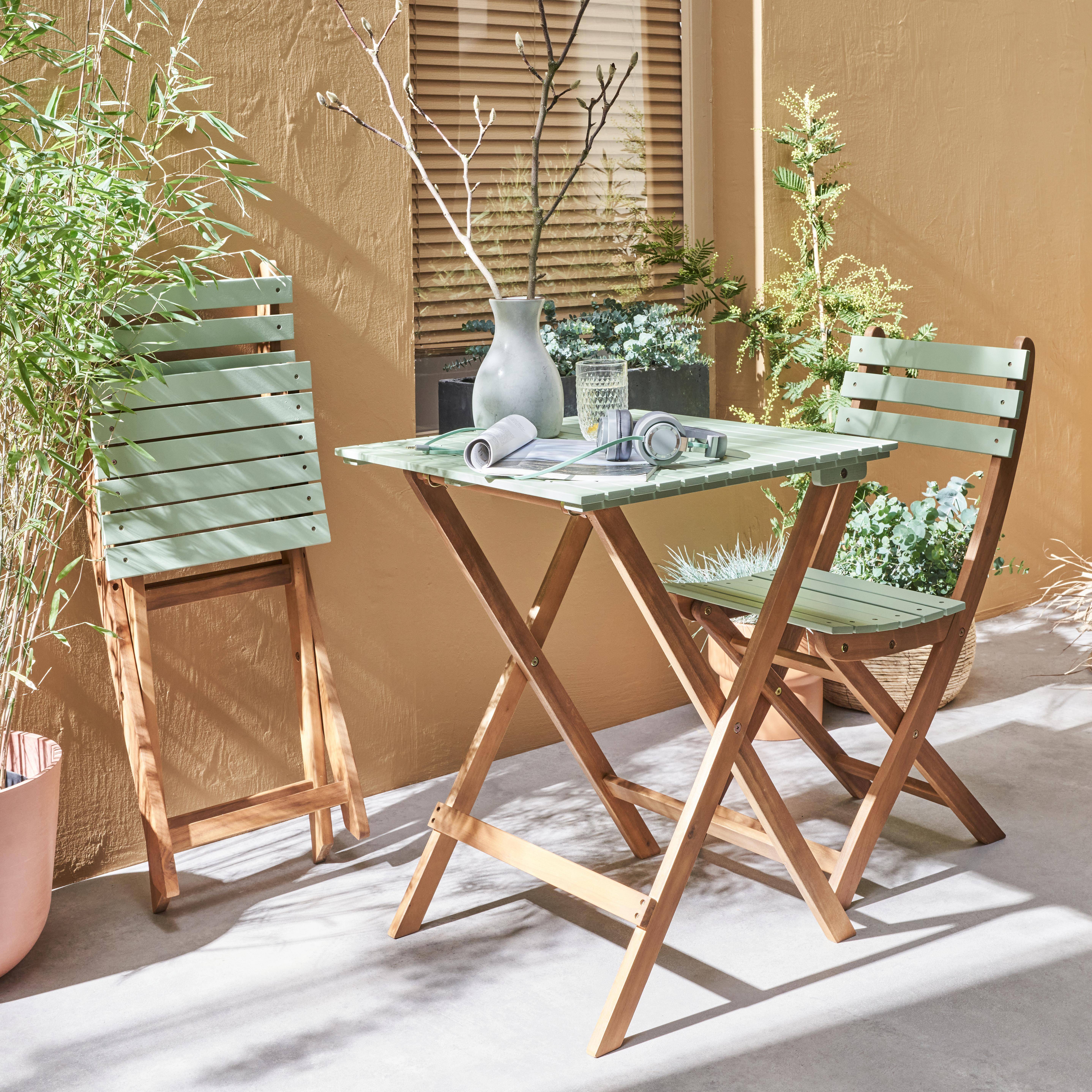 Conjunto de jardín de madera Bistro 60x60cm - Barcelona - verde grisáceo, mesa plegable bicolor con 2 sillas plegables, acacia Photo2