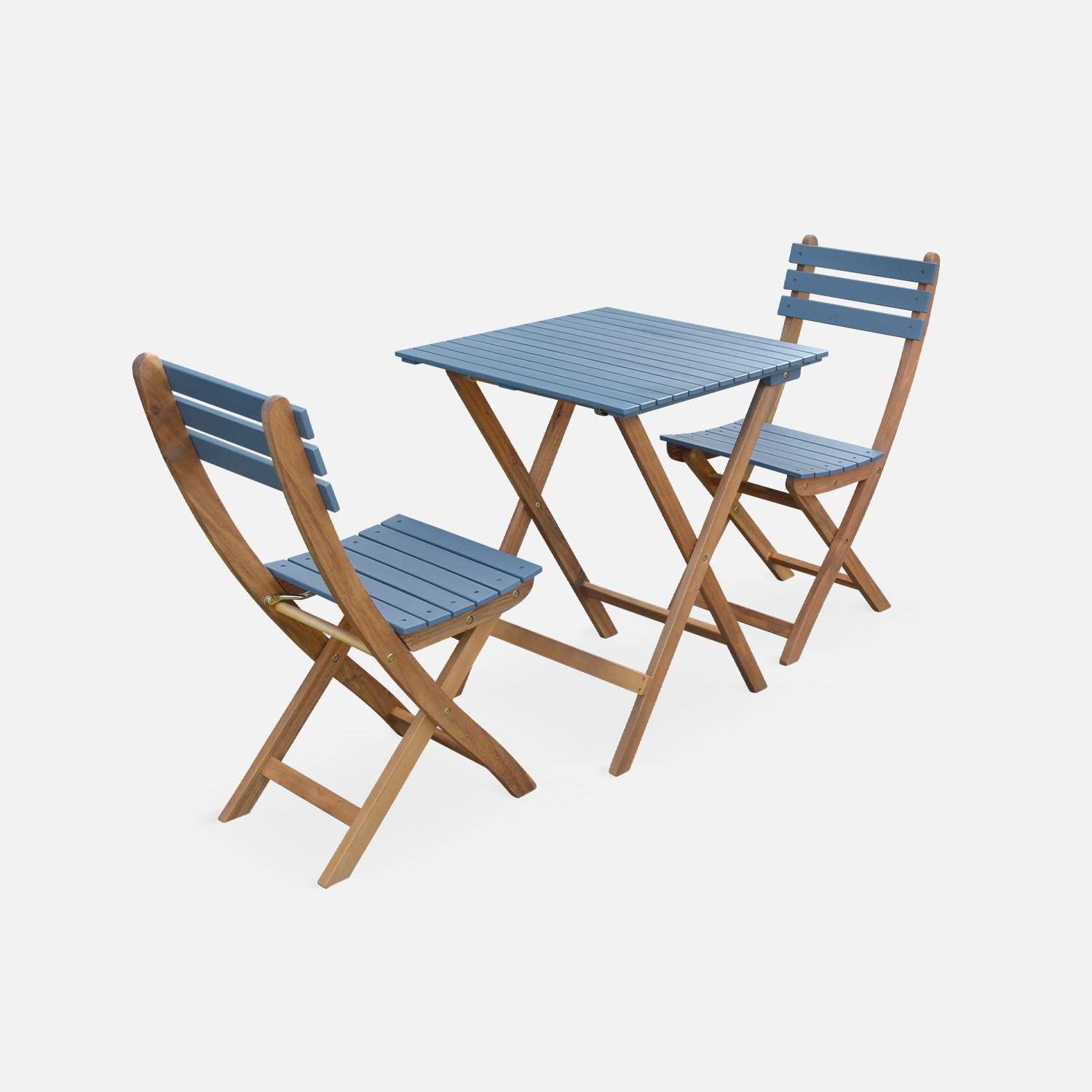 Conjunto de jardim de madeira Bistro 60x60cm - Barcelona - azul acinzentado, mesa dobrável bicolor quadrada com 2 cadeiras dobráveis, acácia,sweeek,Photo4
