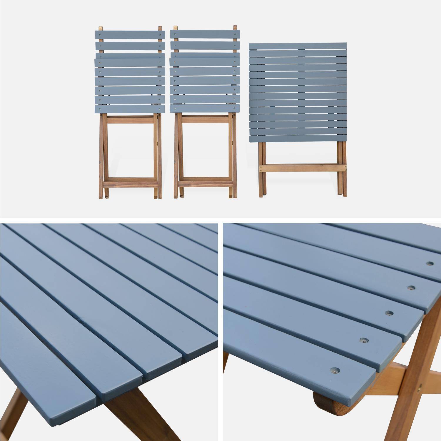 Conjunto de jardín de madera Bistro 60x60cm - Barcelona - azul grisáceo, mesa plegable cuadrada bicolor con 2 sillas plegables, acacia,sweeek,Photo7