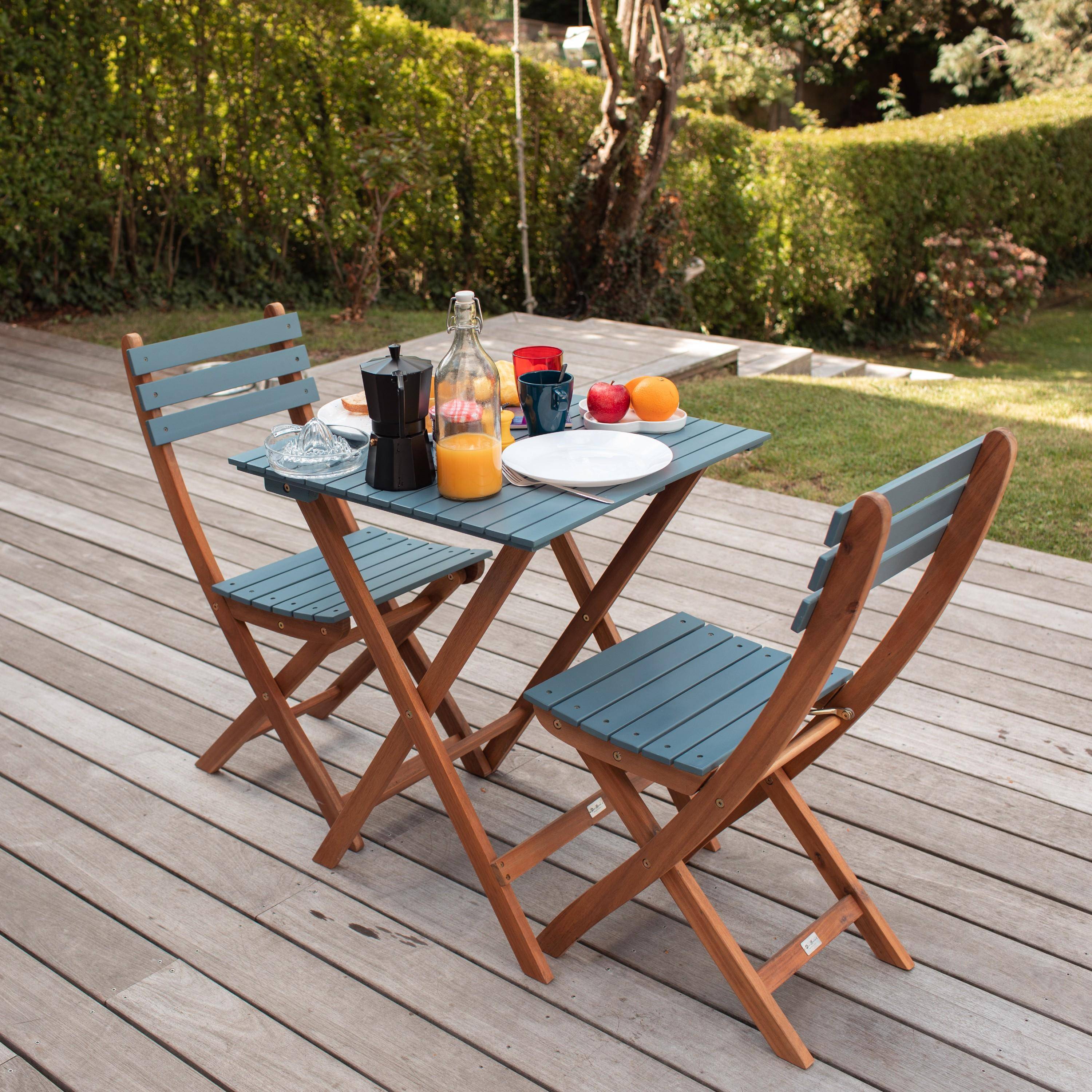 Conjunto de jardín de madera Bistro 60x60cm - Barcelona - azul grisáceo, mesa plegable cuadrada bicolor con 2 sillas plegables, acacia,sweeek,Photo2