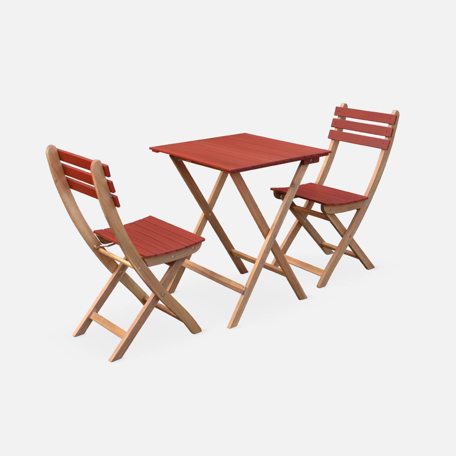 Mesa de jardim Bistro 60x60cm - Barcelona Bois / Terracotta - mesa quadrada dobrável bicolor em acácia com 2 cadeiras dobráveis | sweeek