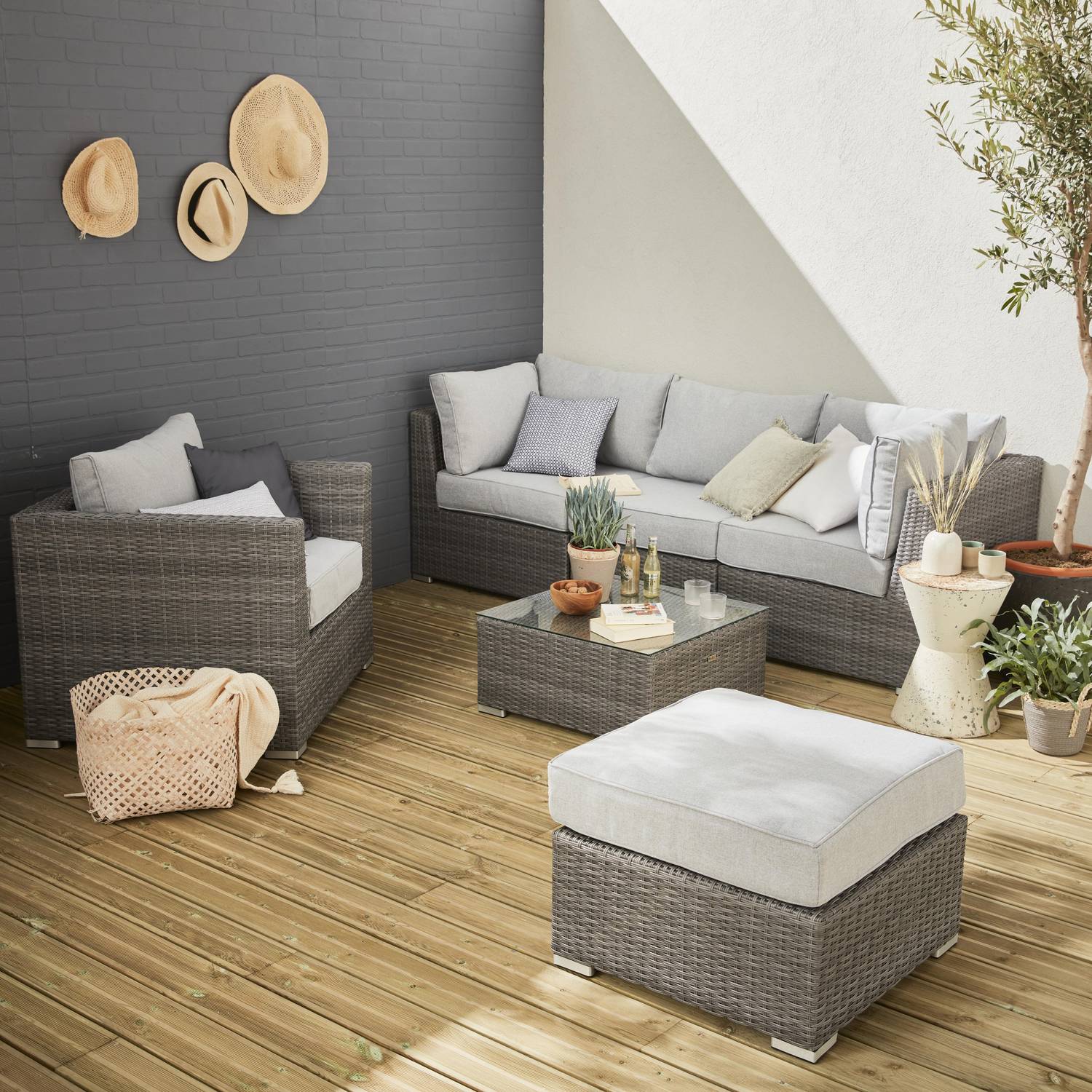 Ready assembled 5-seater deluxe polyrattan modular garden sofa set with armchair, footrest, table, Aluminium, Light Grey, VINCI Photo1